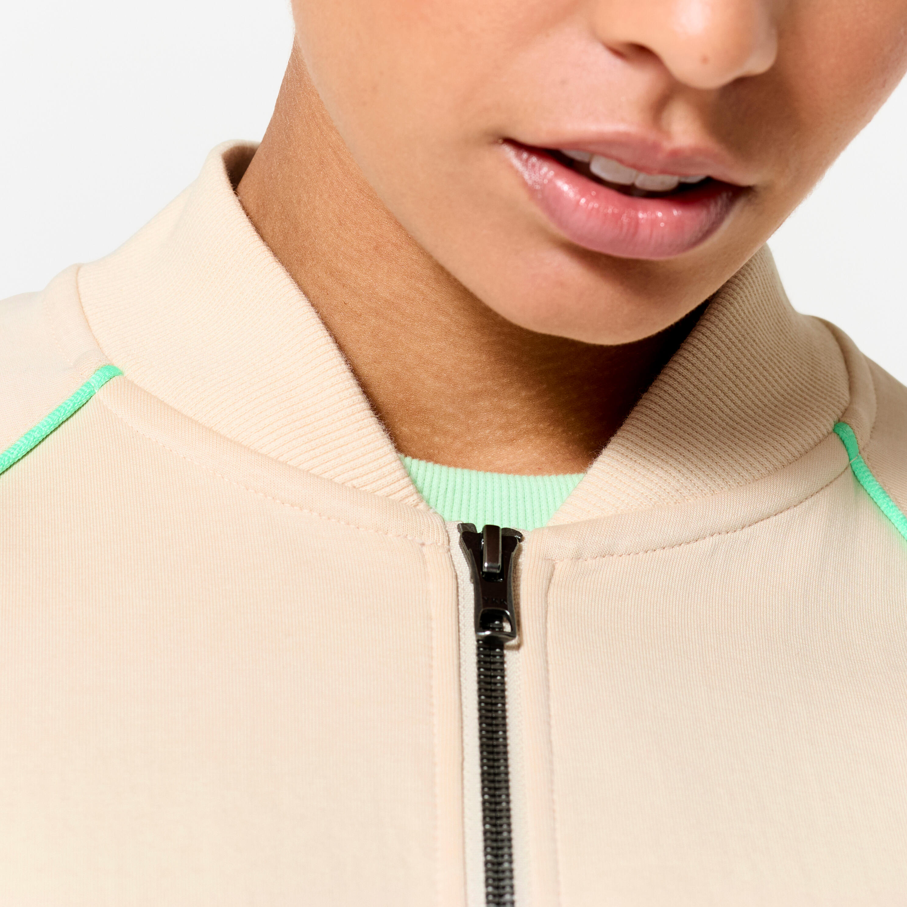 Veste bombers zipée femme, beige avec piping vert. 5/9
