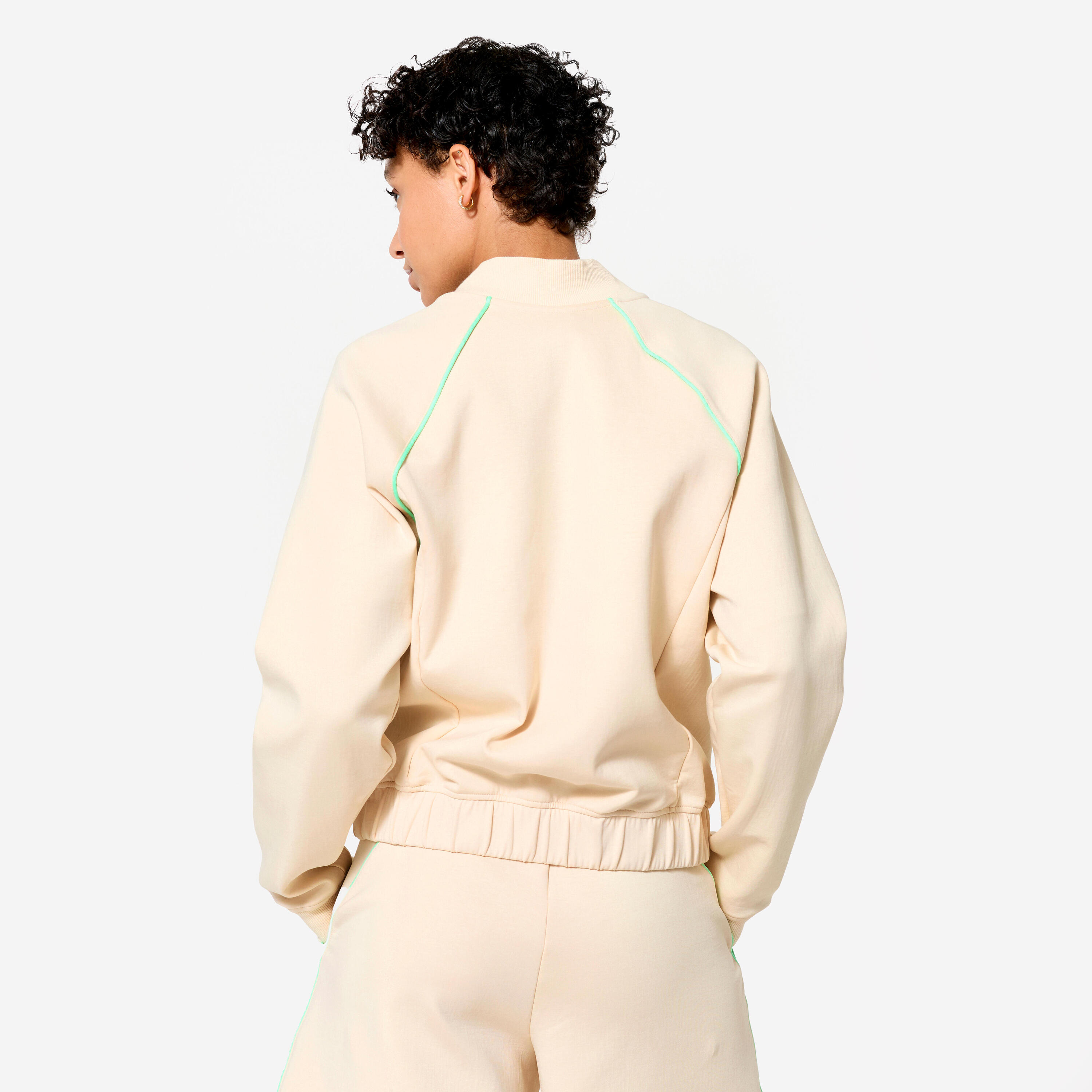 Veste bombers zipée femme, beige avec piping vert. 4/9