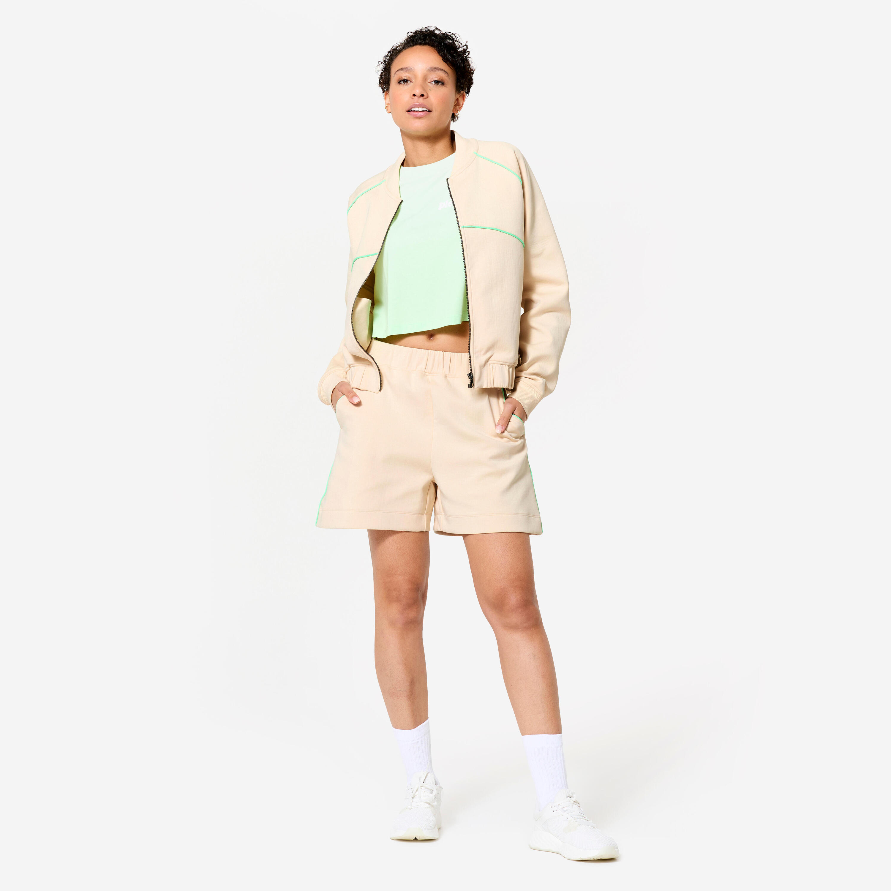 Veste bombers zipée femme, beige avec piping vert. 2/9