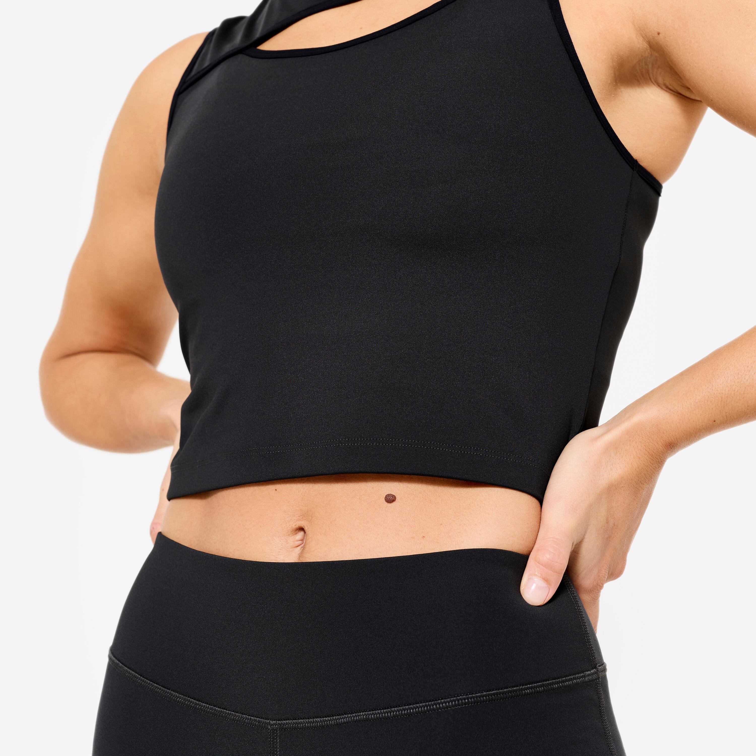 Korte fitnesstop voor dames met opening vooraan zwart 5/5