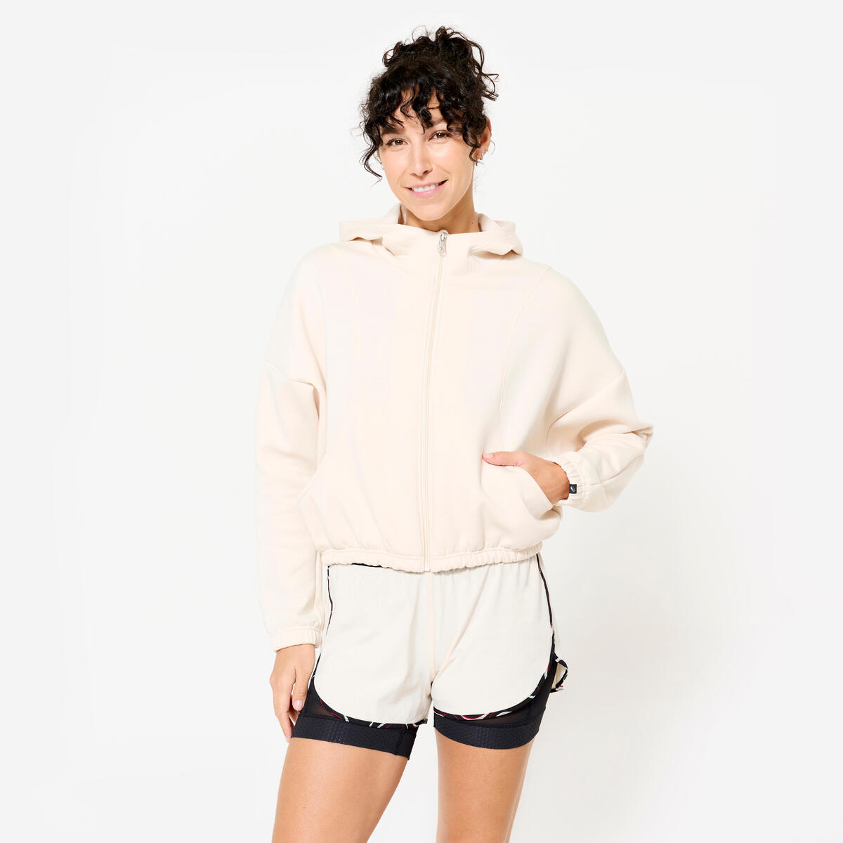 Veste à capuche de fitness manches longues femme, beige crème
