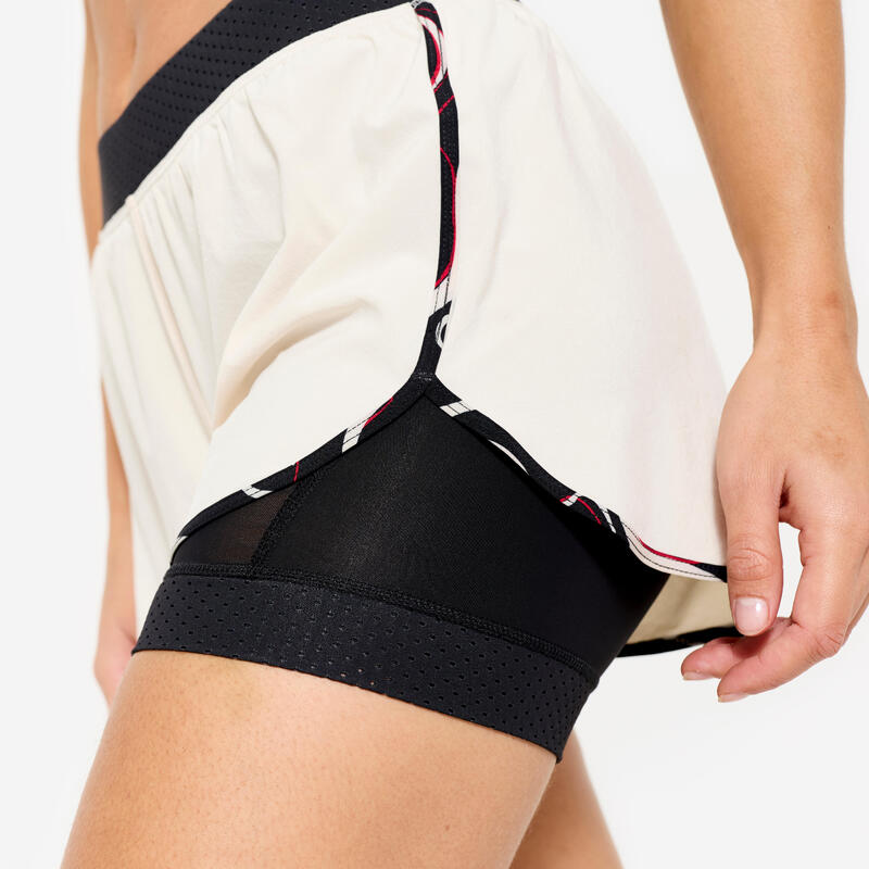 Short 2 en 1 training femme, beige et noir