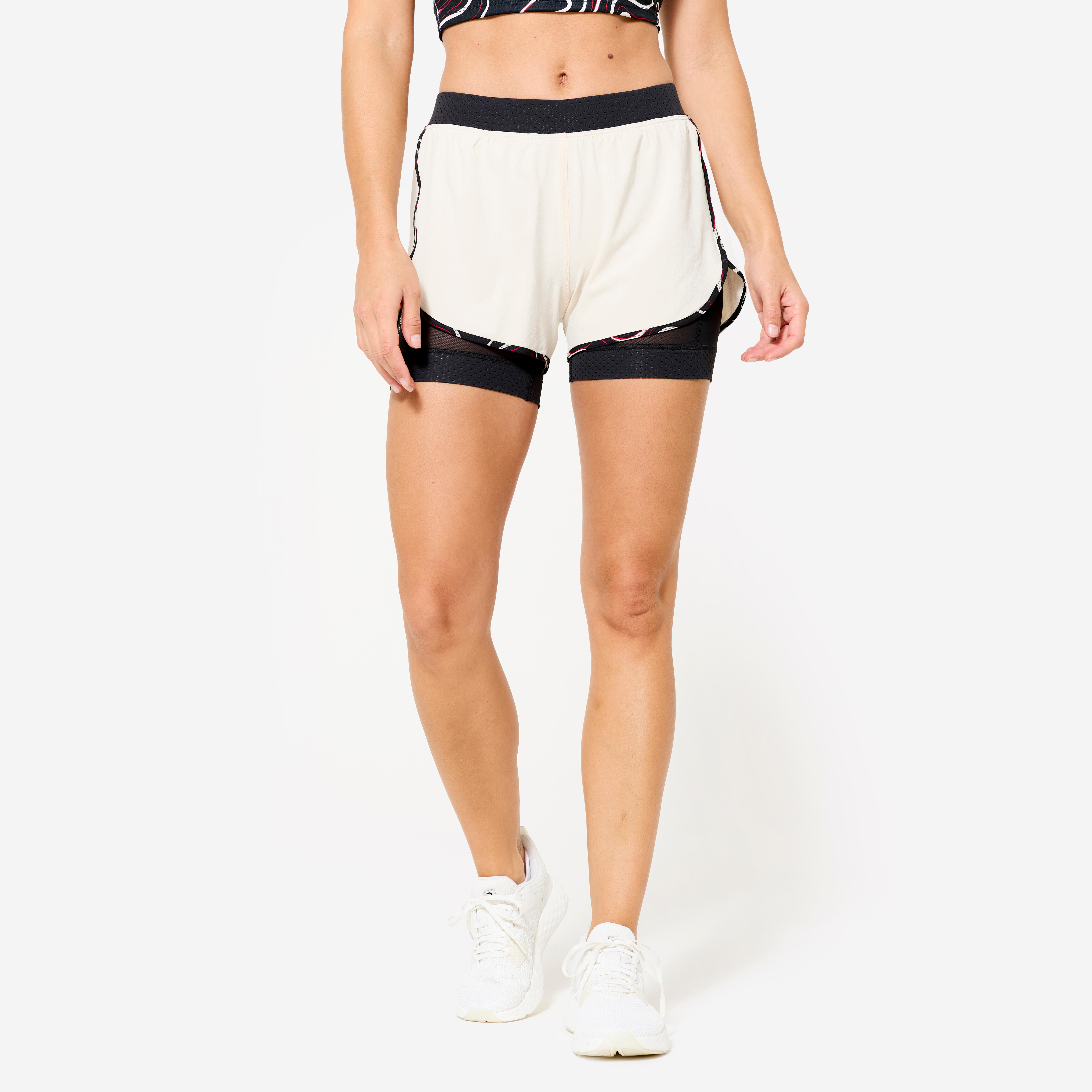 Pantalon scurt 2 în 1 Fitness Bej și negru Damă