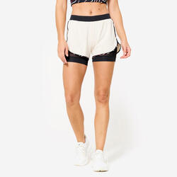 Short 2 en 1 training femme, beige et noir
