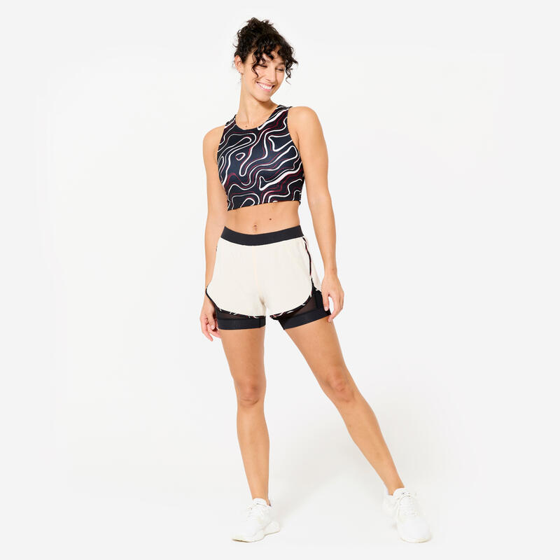 Short 2 en 1 training femme, beige et noir