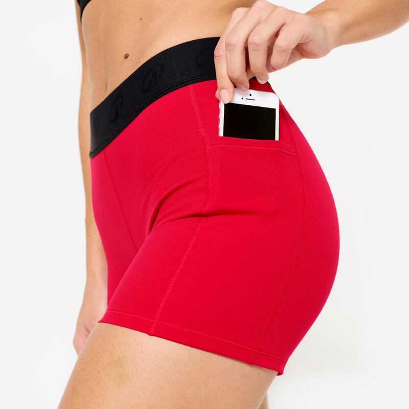 Short court de fitness taille haute avec ceinture elastique femme, rouge