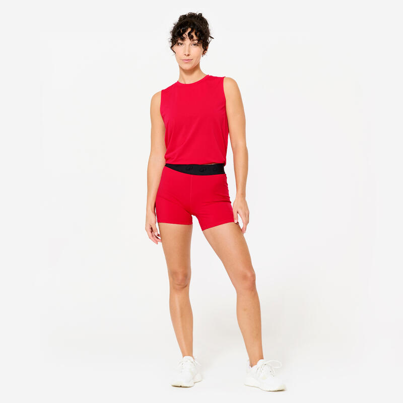 Short court de fitness taille haute avec ceinture elastique femme, rouge