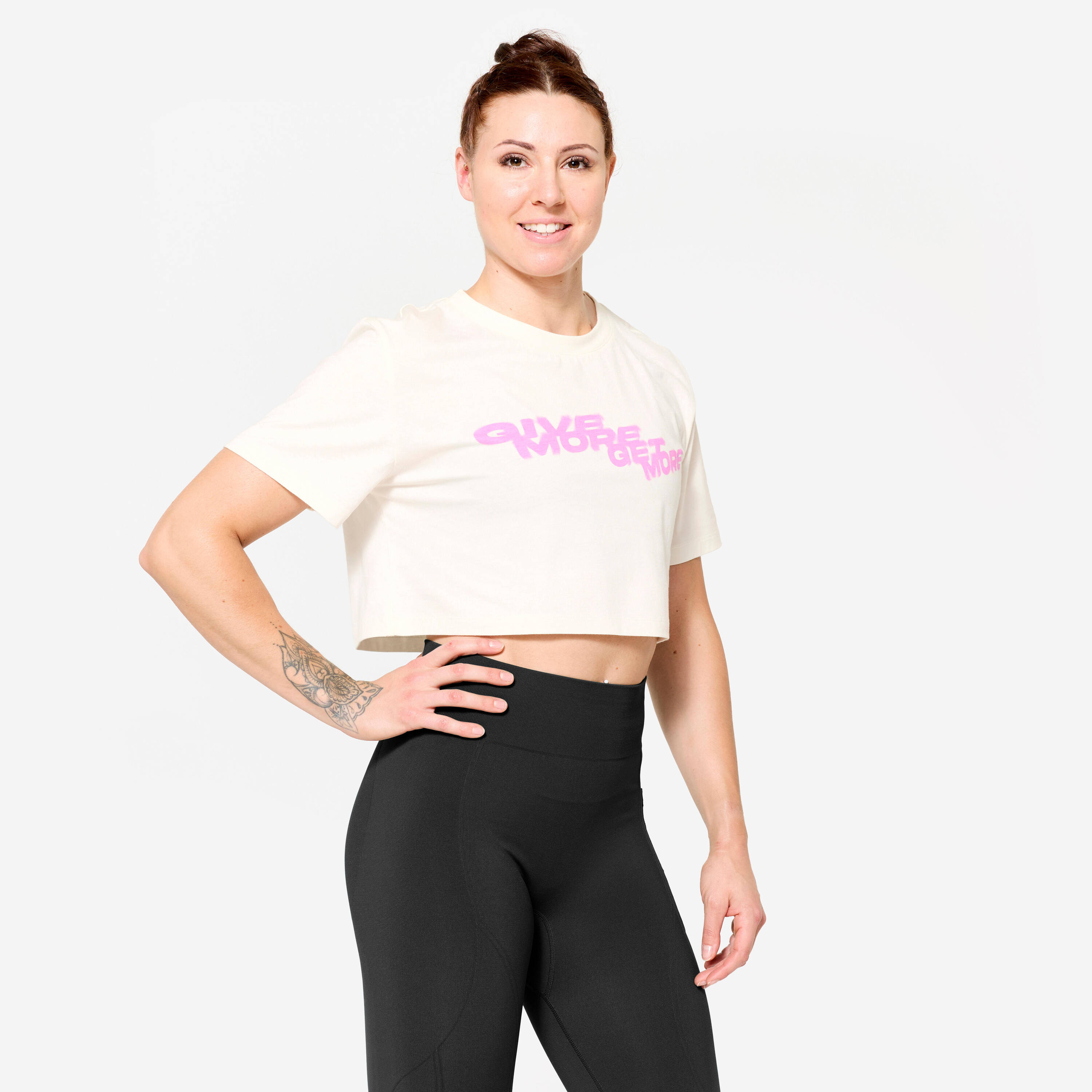 Crew Neck Cotton Loose Fit Weight Training Women's Crop Top - Cotton White -  1