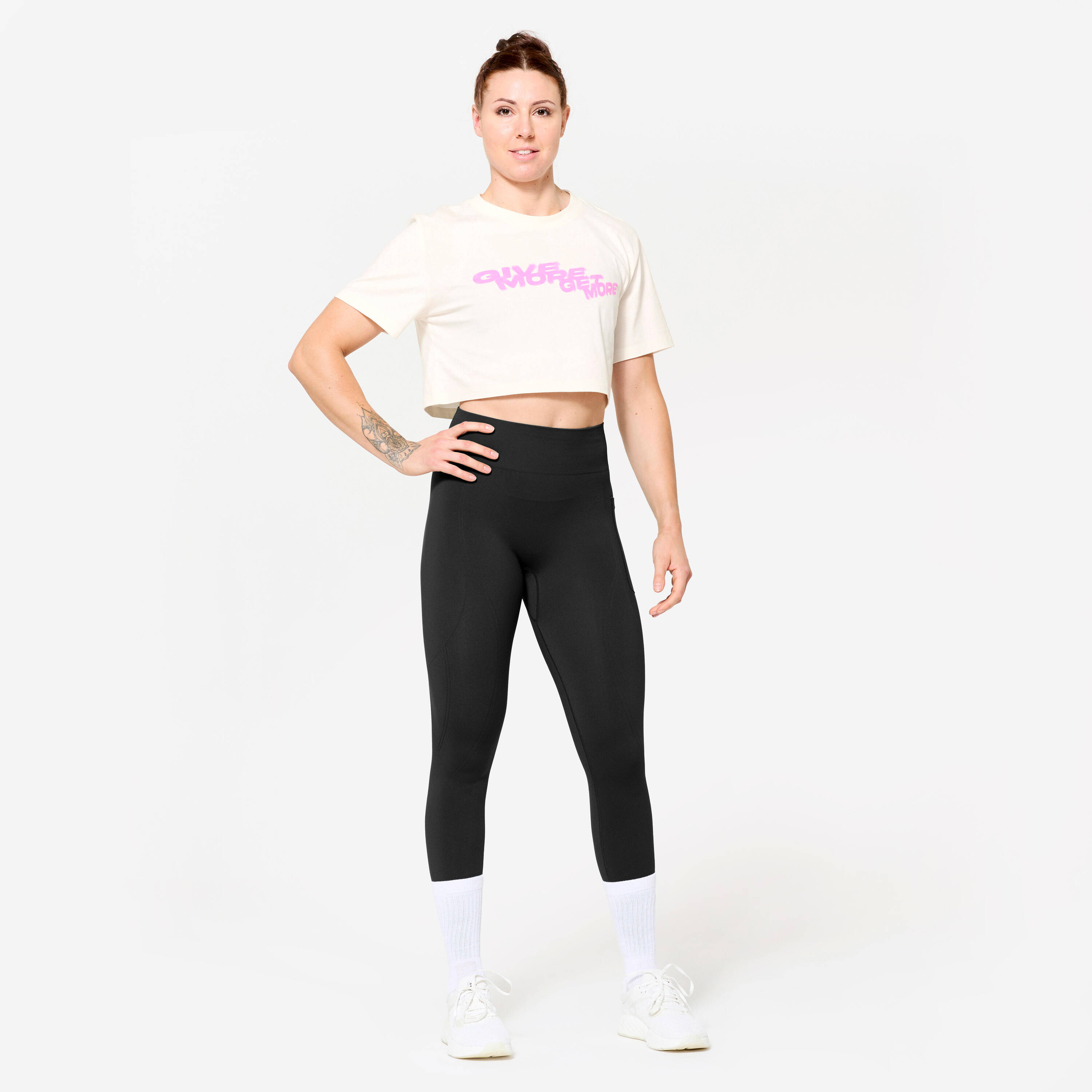 Crew Neck Cotton Loose Fit Weight Training Women's Crop Top - Cotton White -  2