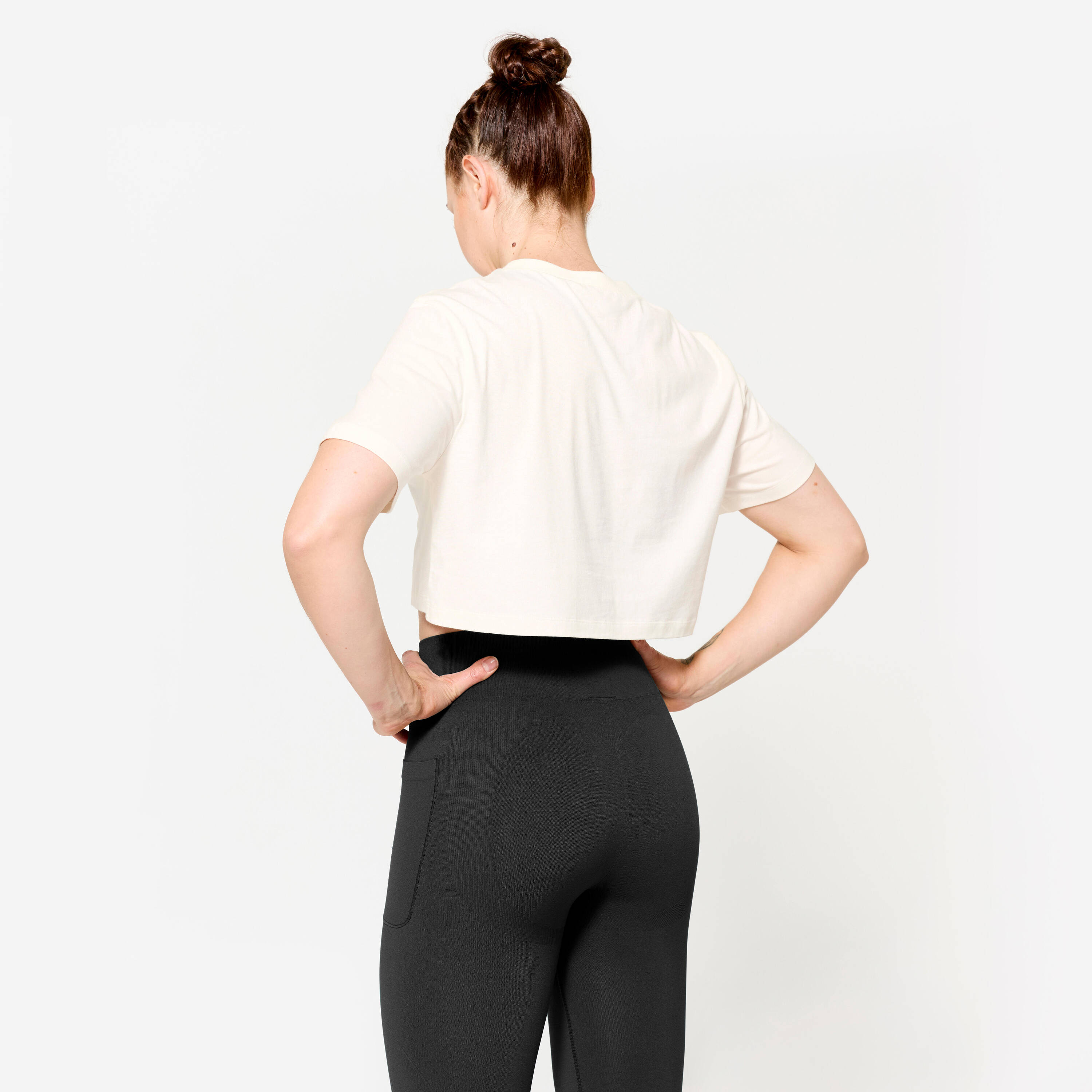 Crew Neck Cotton Loose Fit Weight Training Women's Crop Top - Cotton White -  4