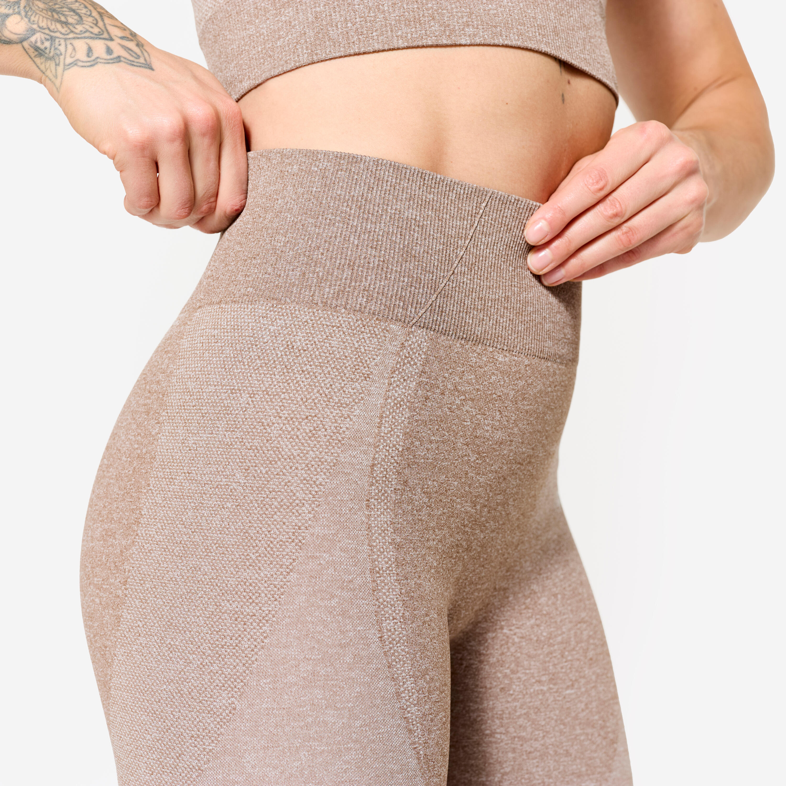 Leggings mit hohem Bund und Smartphonetasche Fitness seamless Damen - braun 5/9