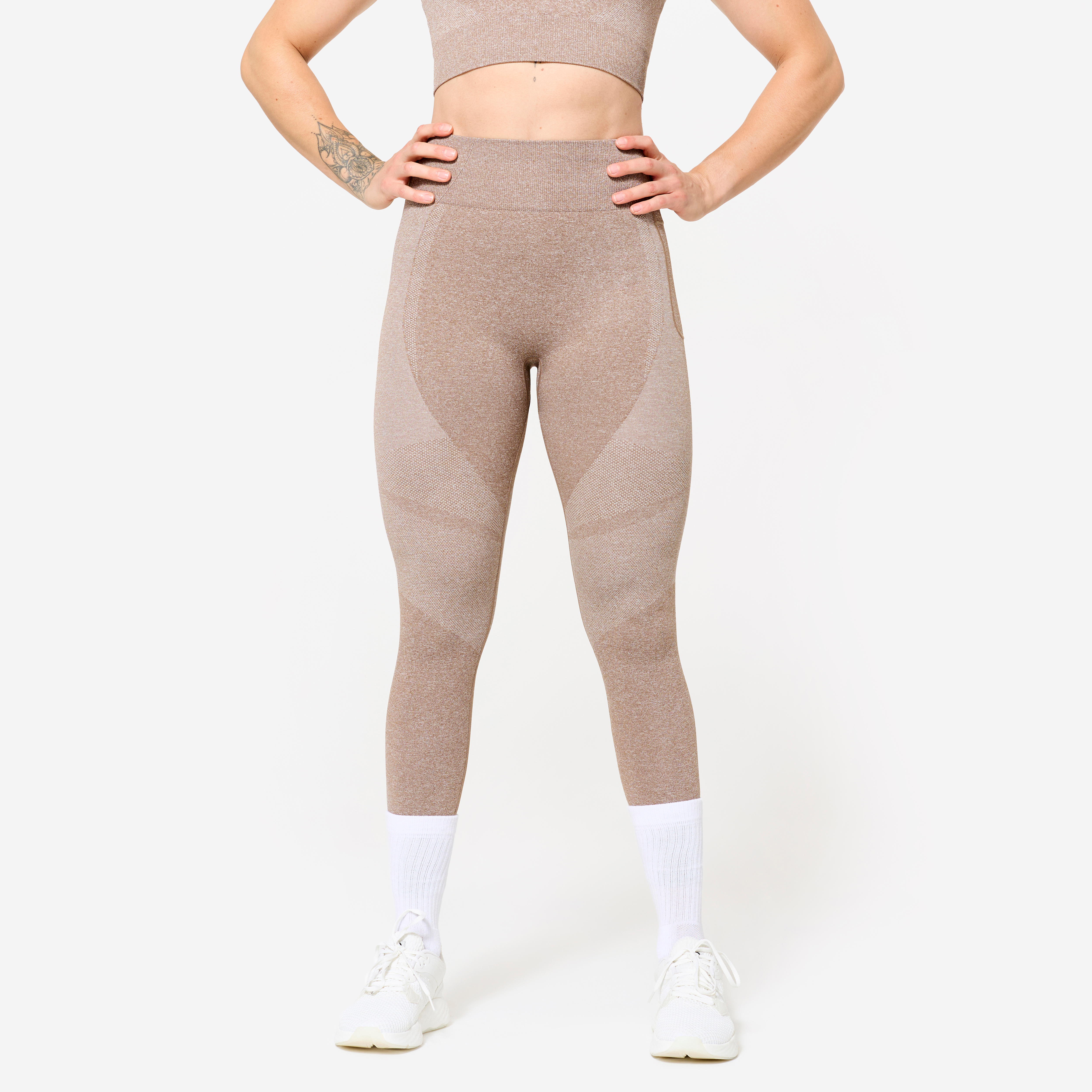 Legging fitness seamless poche téléphone taille haute femme, marron - Team Athlète JO 24 - Domyos- Clubs - Entreprises - Collectivités - Associations