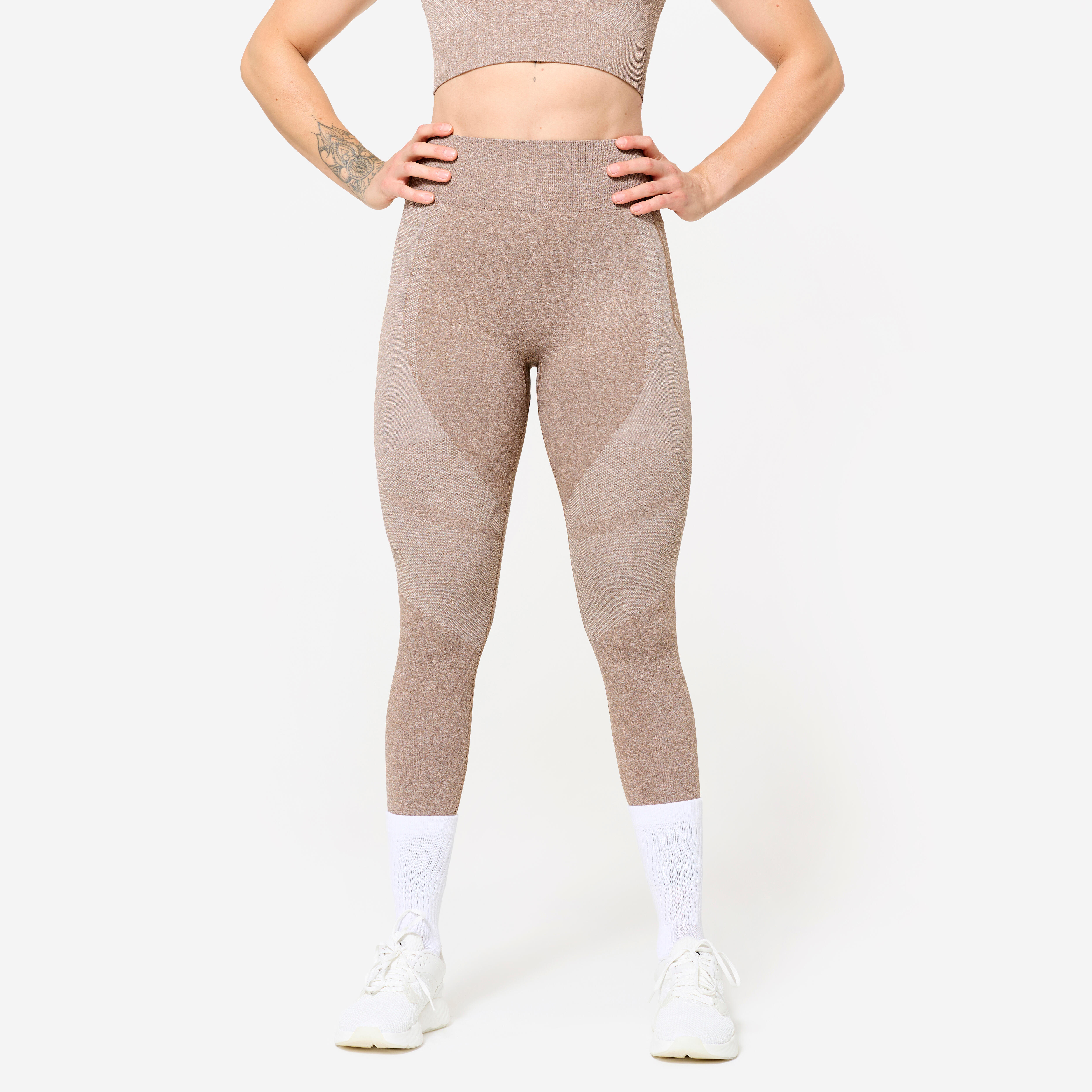 Colanţi de fitness seamless buzunar telefon talie înaltă 900 Maro Damă