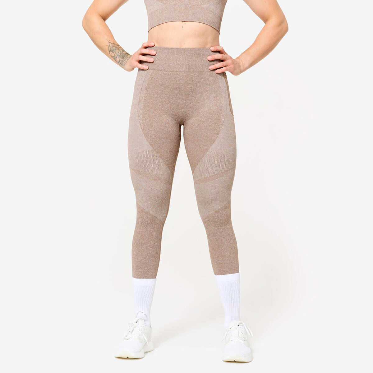 Legging fitness seamless poche téléphone taille haute femme, marron