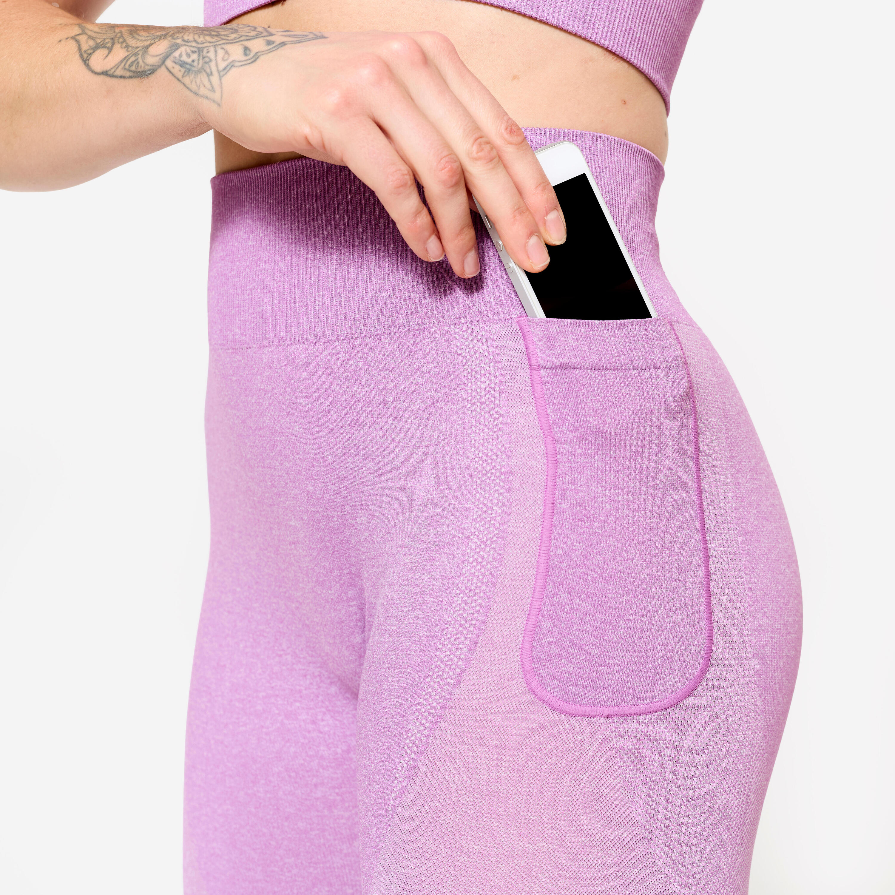 Leggings de fitness de tiro alto con bolsillo para celular rosas para mujer 3/10