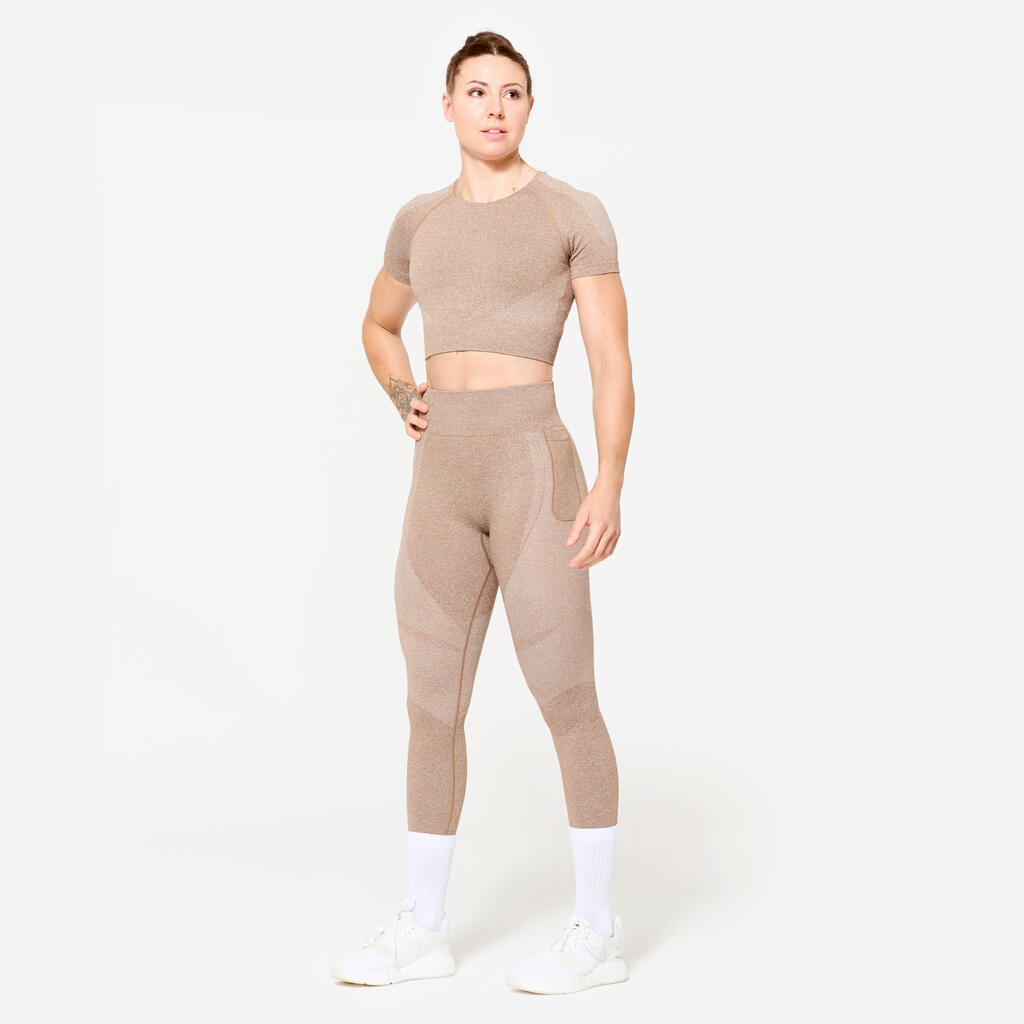 T-shirt crop top de fitness matière seamless, marron