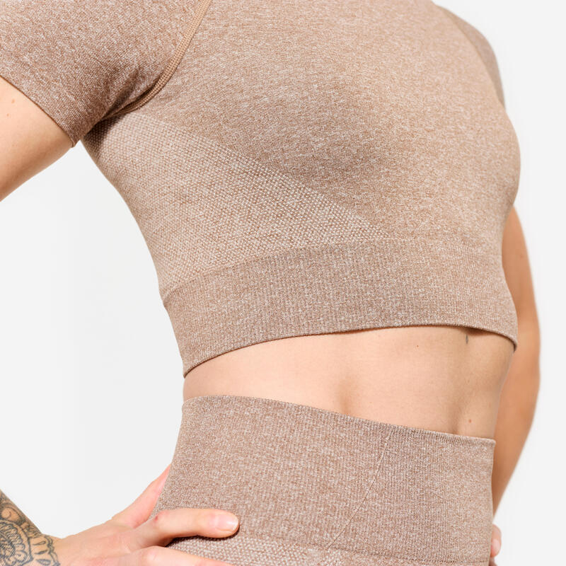 Dikişsiz Crop Top Tişört - Kahverengi