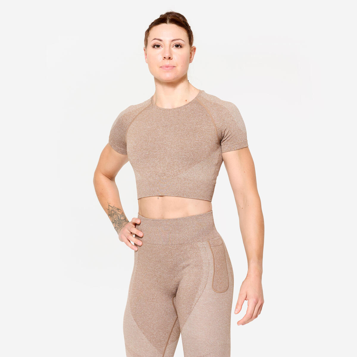 T-shirt crop top de fitness matière seamless, marron