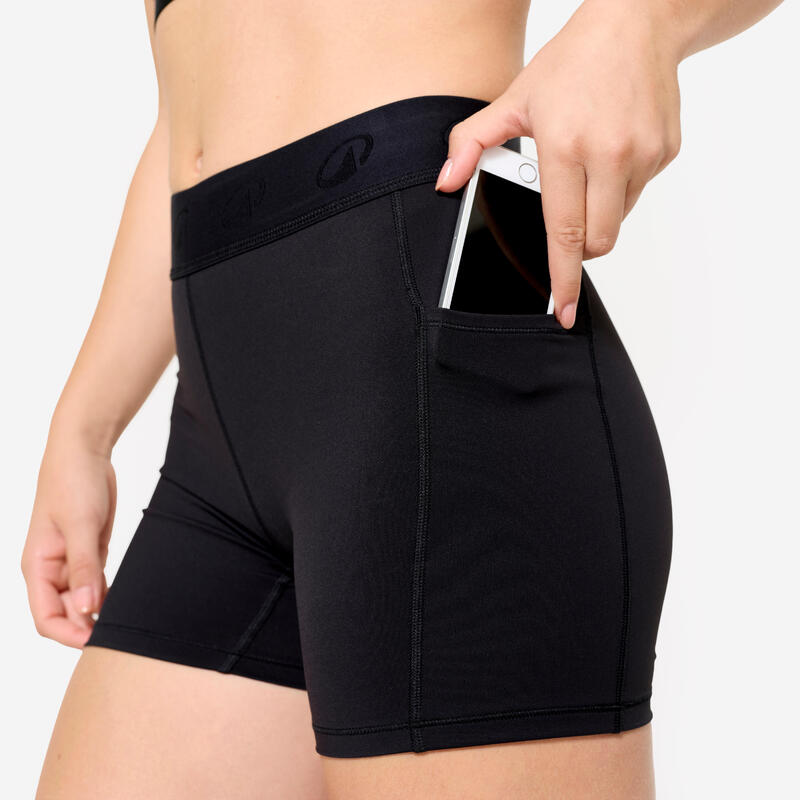 Pantalon scurt fitness antrenamente cu talie elastică Negru Damă