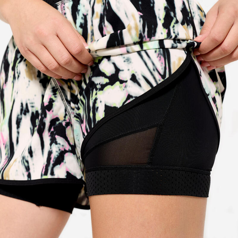 Short de fitness double couche femme, noir et blanc