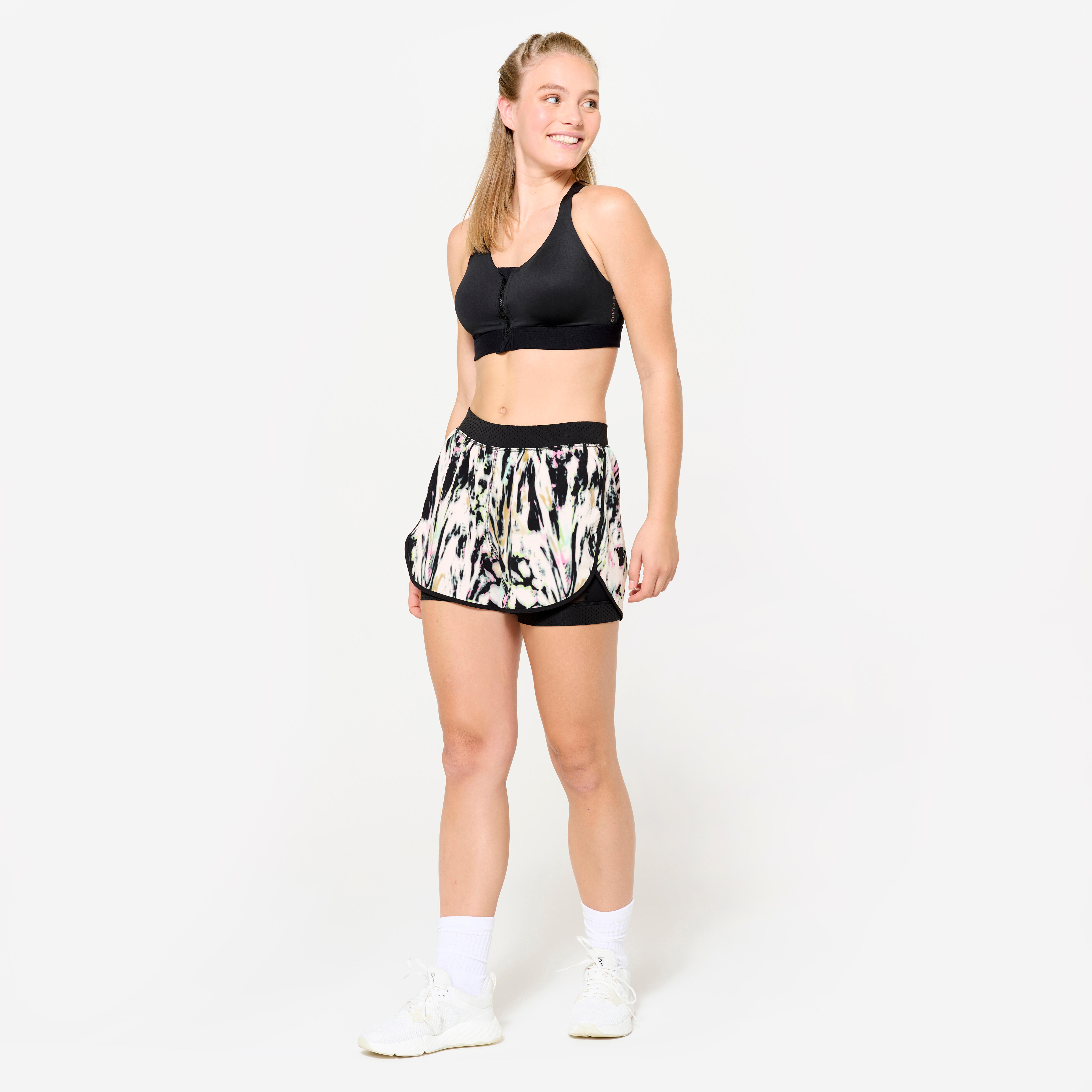 Women's Cardio Fitness Double Layer Shorts 900- Black/White