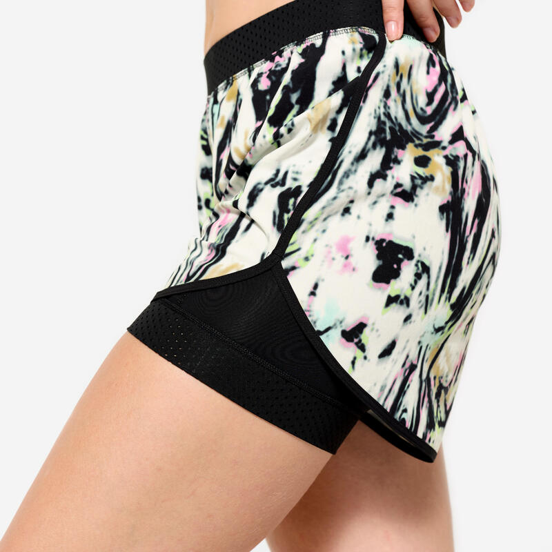 Short de fitness double couche femme, noir et blanc
