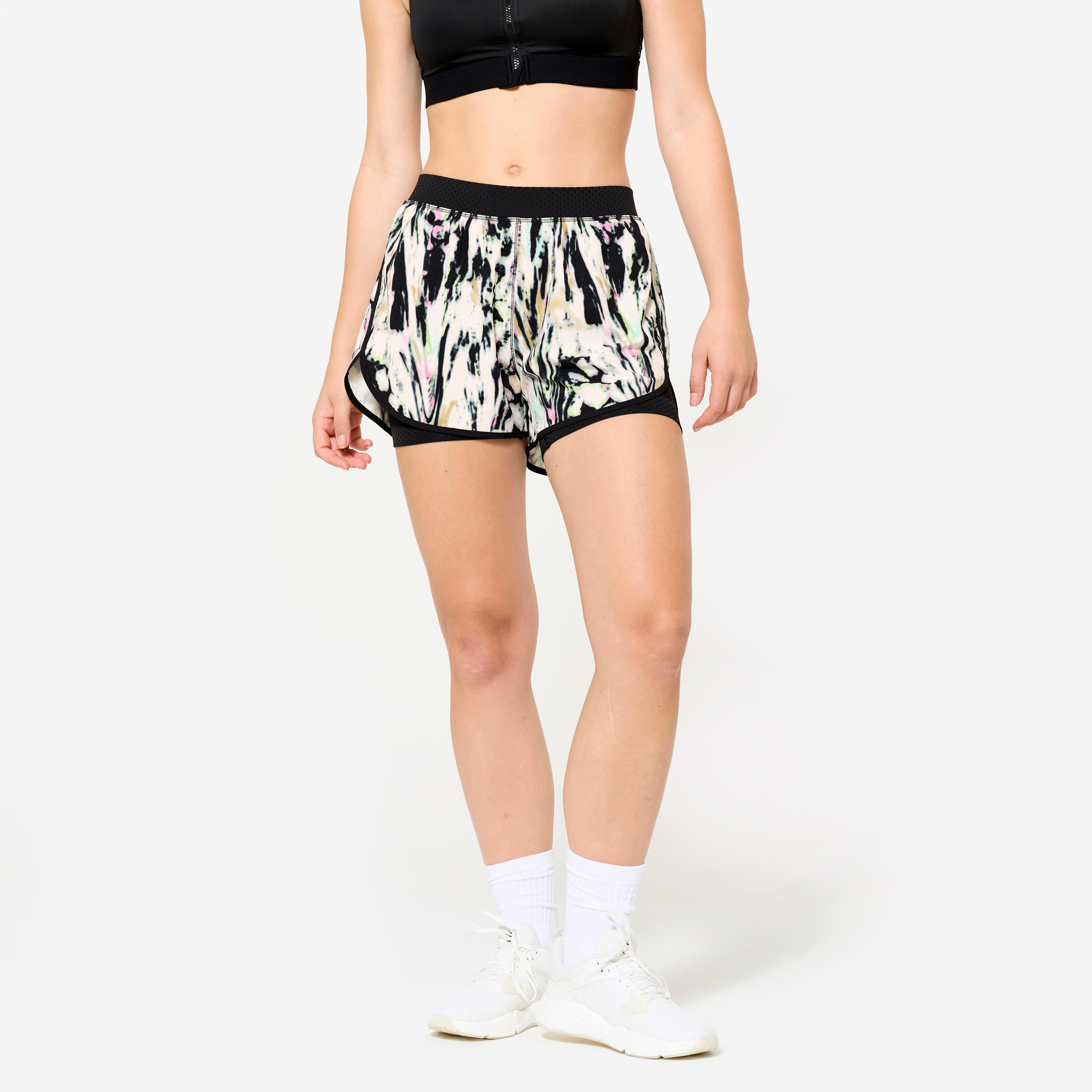 Women's Cardio Fitness Double Layer Shorts 900- Black/White
