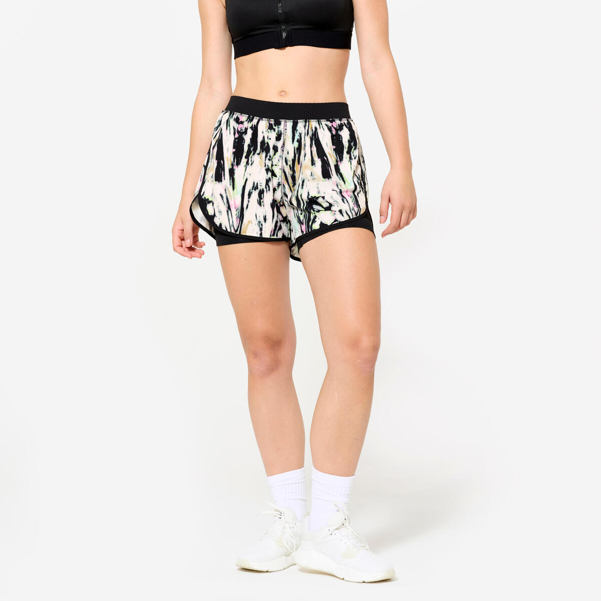 Short de fitness double couche femme, noir et blanc