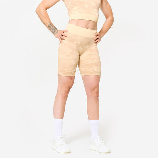 Pantaloncini donna palestra slim fit traspiranti azzurro mimetico