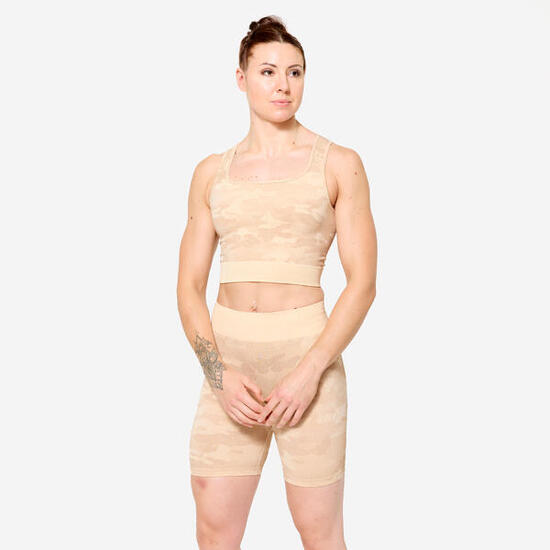Canotta donna palestra cropped slim fit traspirante beige mimetico
