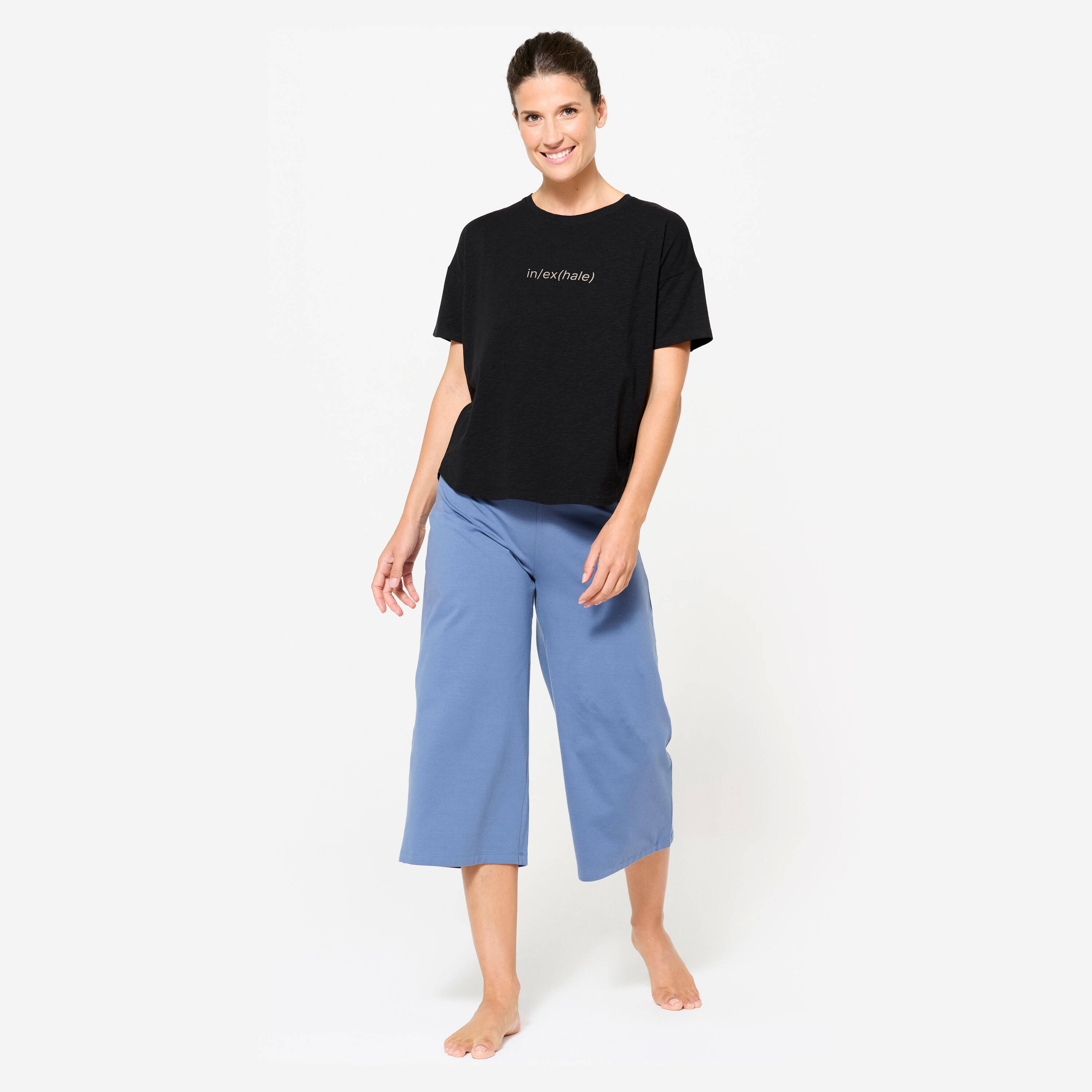 Cotton High Waisted Yoga Capri Women's Pants 500 - Comet Blue -  2
