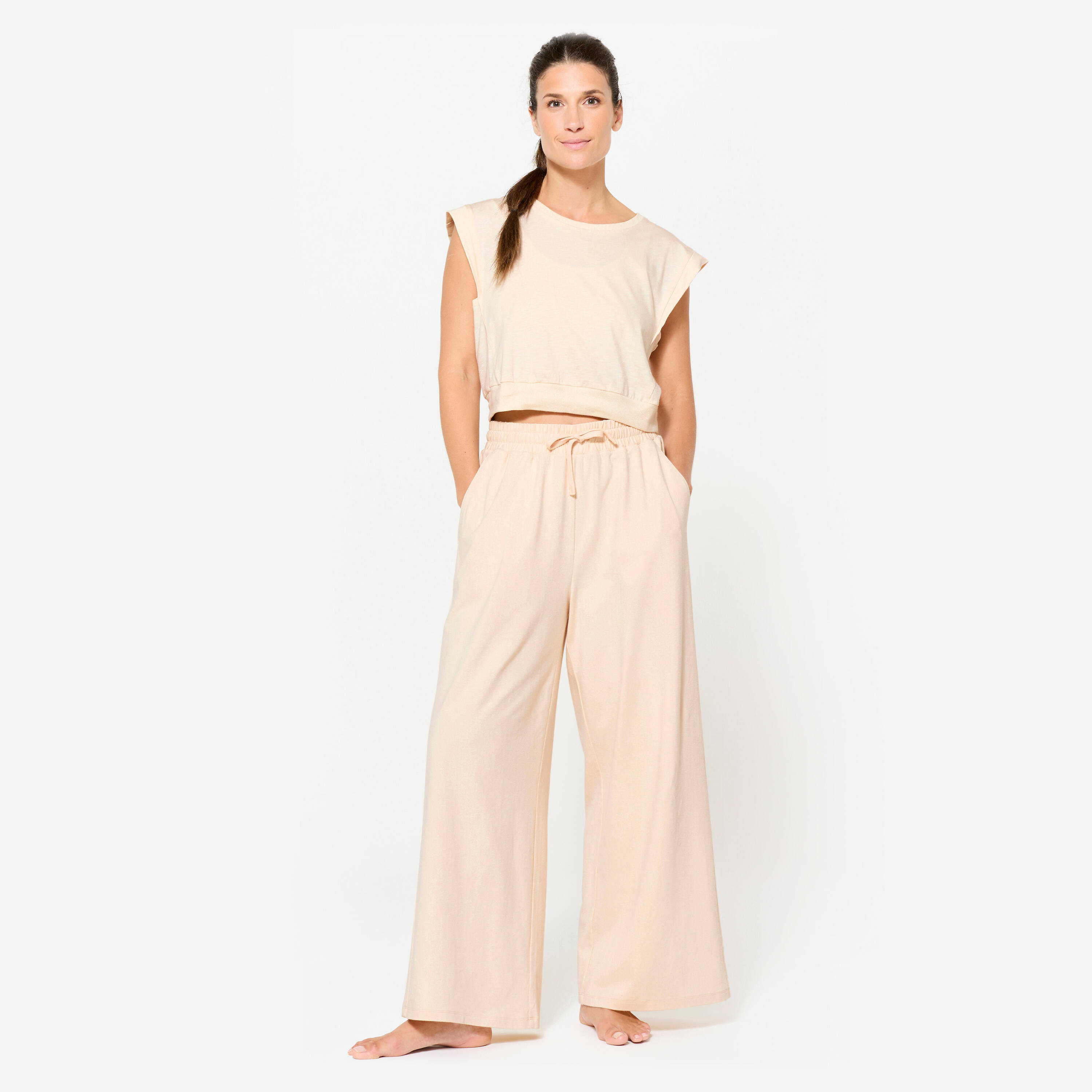 High Waist Wide Cut Women's Loose Track-pant For Gym 520 -Cream Beige -  3
