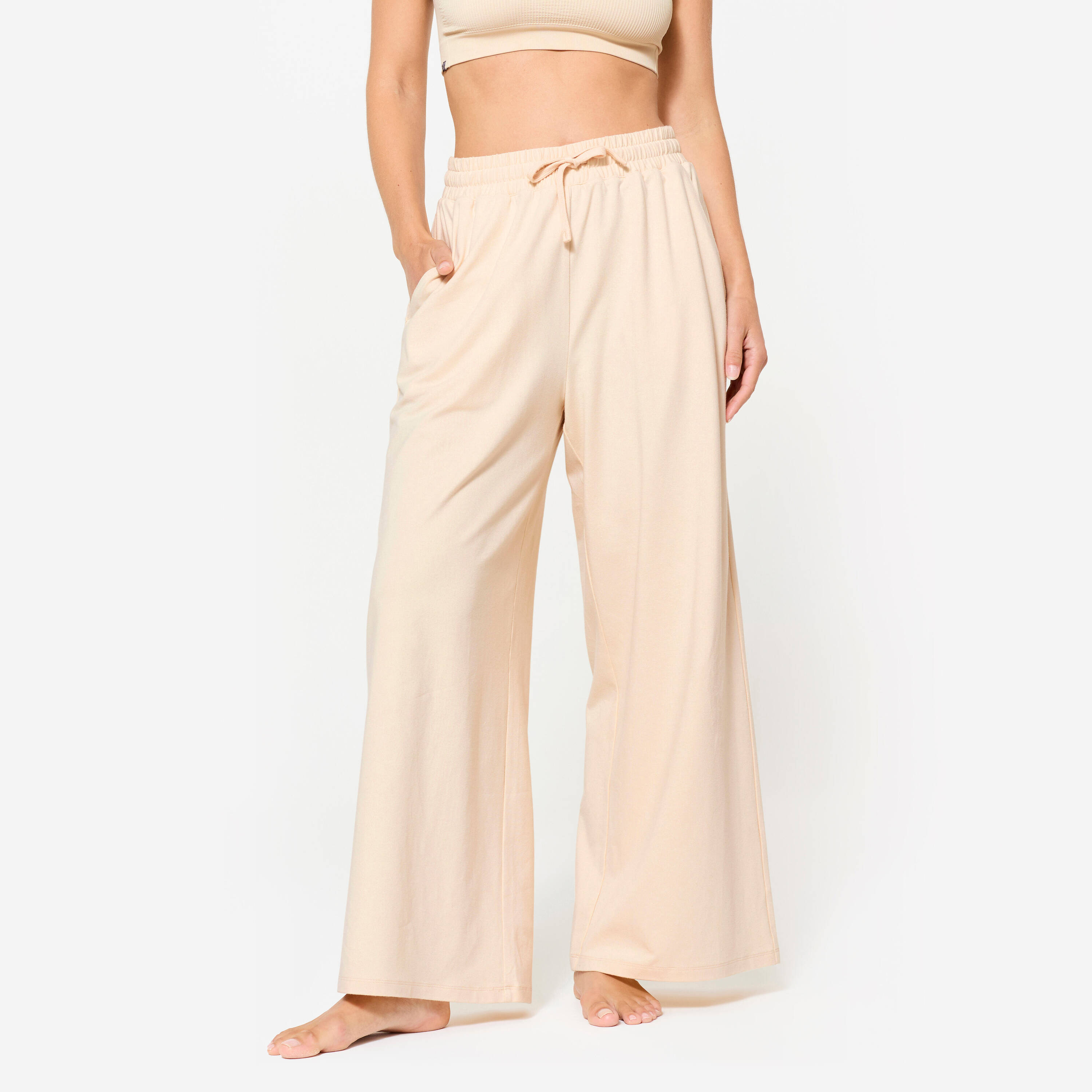 High Waist Wide Cut Women's Loose Track-pant For Gym 520 -Cream Beige -  1