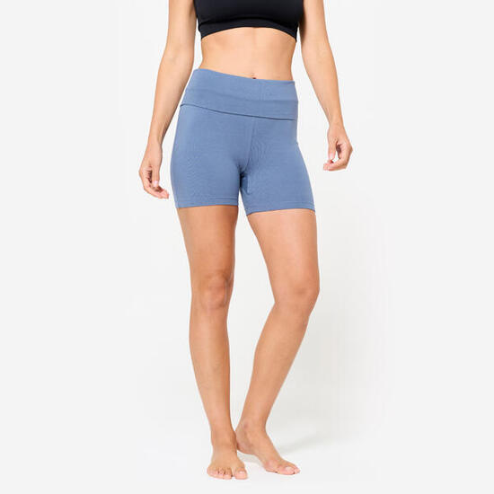 Short de yoga doux taille haute femme, bleu