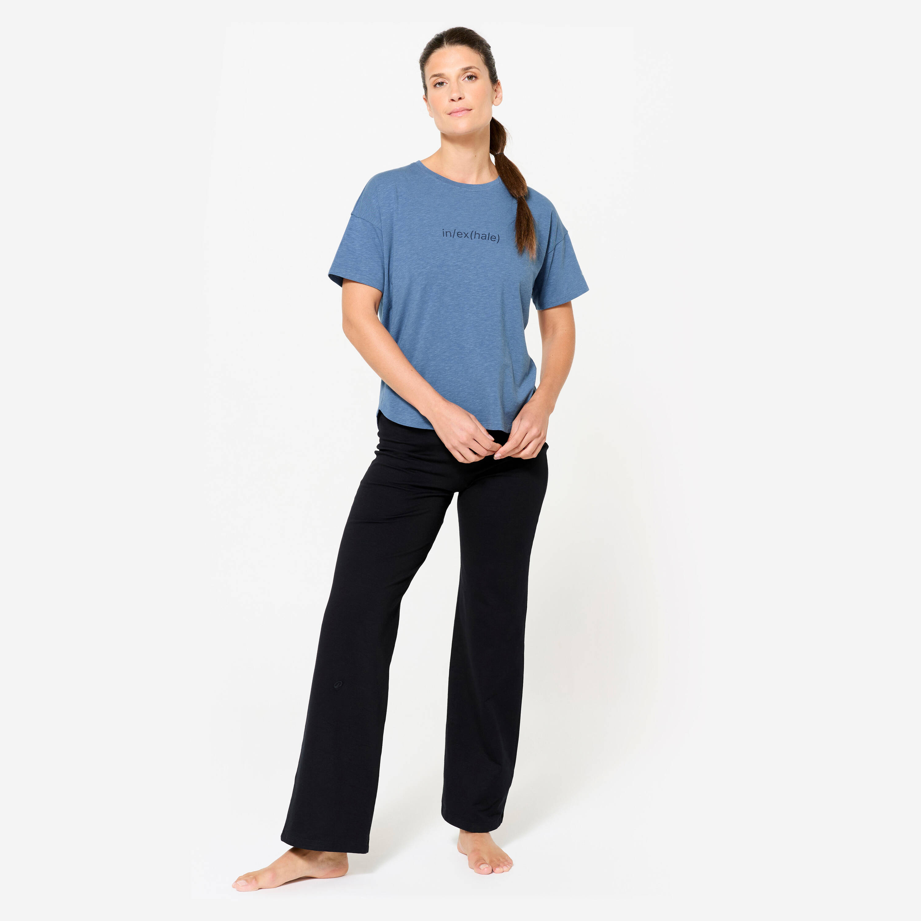 Crew Neck Short Sleeved Women's Yoga T- Shirt 500 - Comet blue -  2