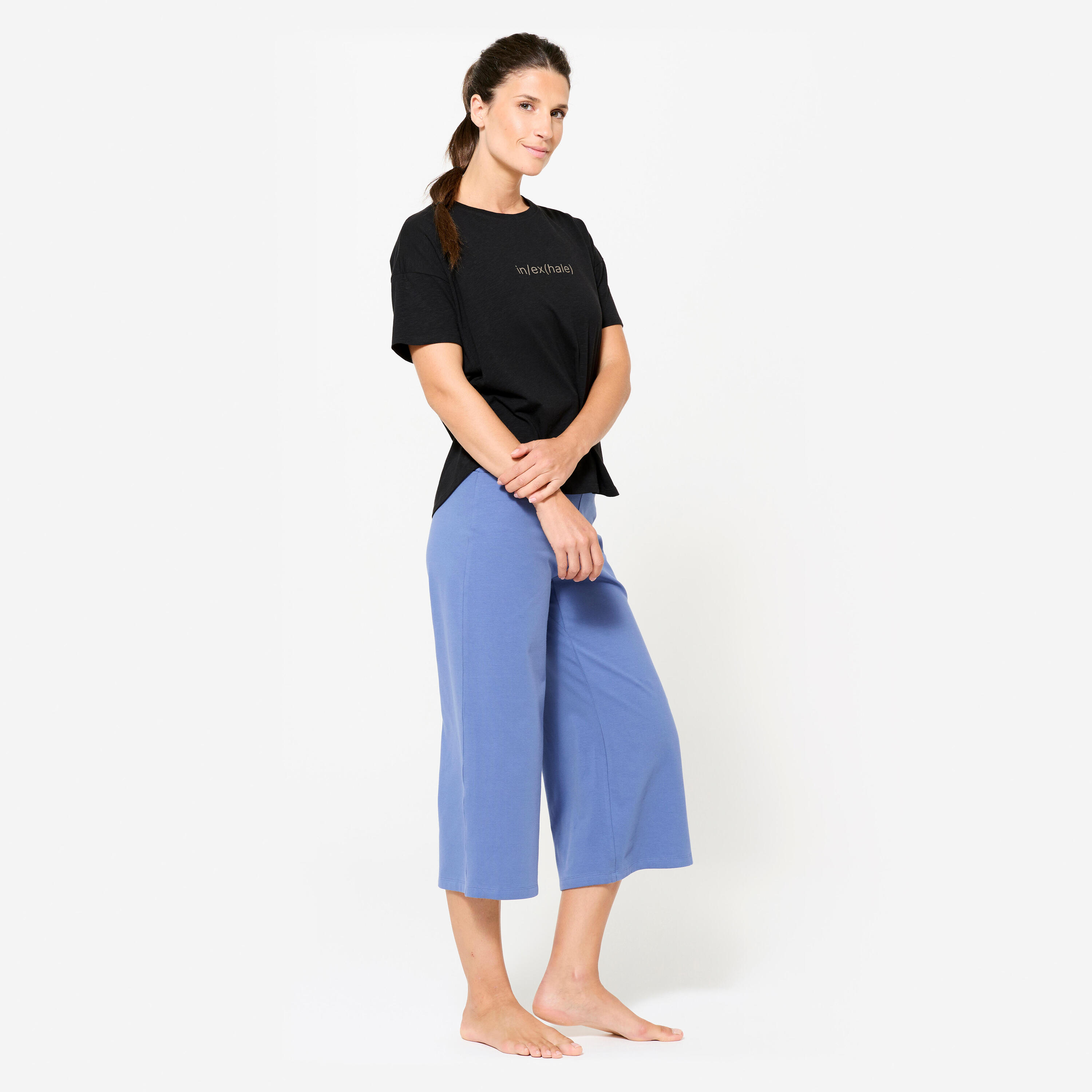 T-shirt nera donna yoga oversize misto cotone 2/6