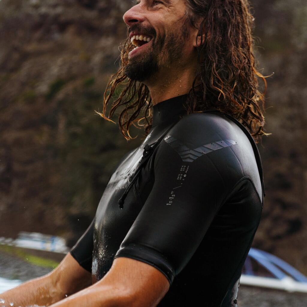 Men's surfing neoprene short-sleeved no zip shorty wetsuit 900 - Black
