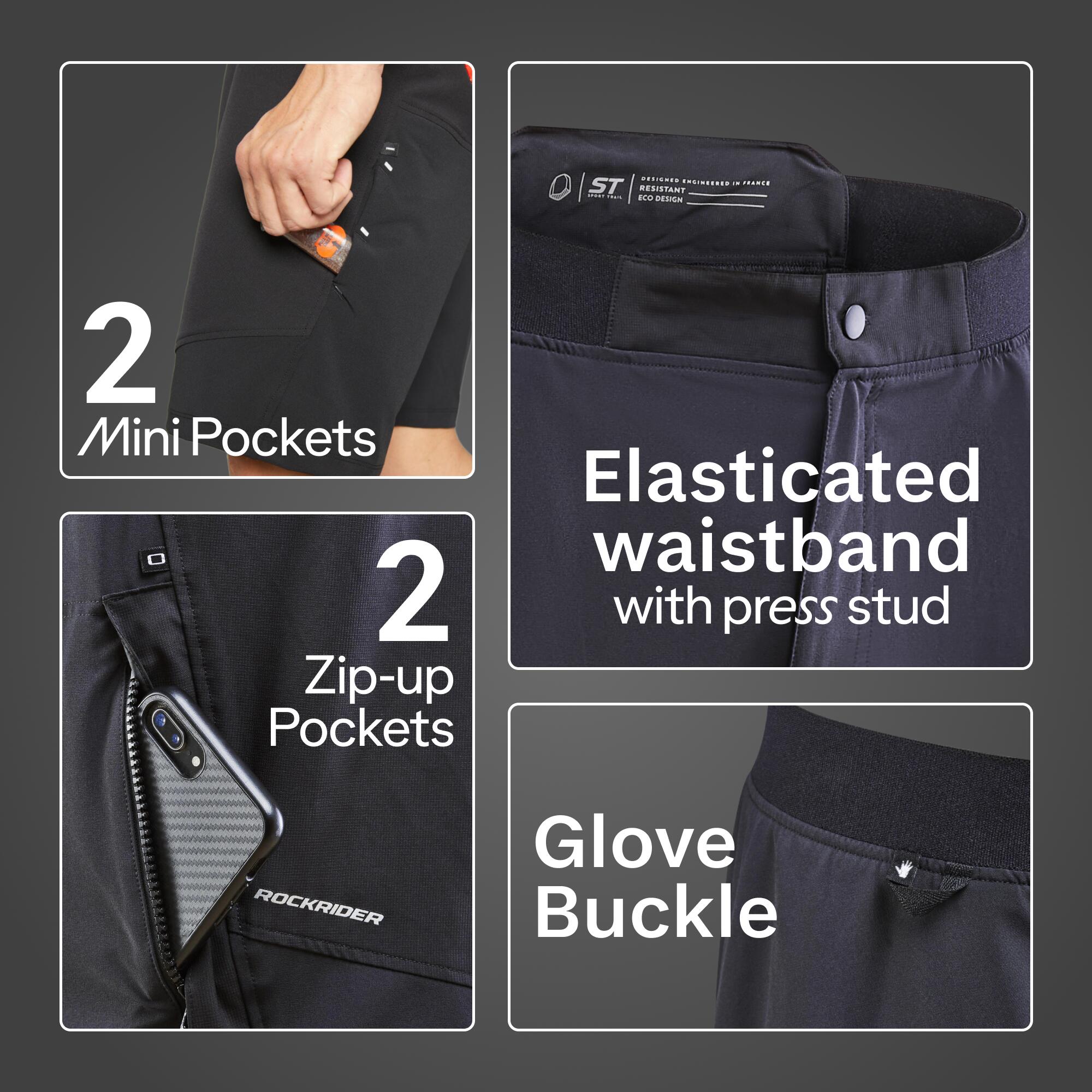 Men Cycling Padded Shorts Zip Pockets EXPL500 - Black