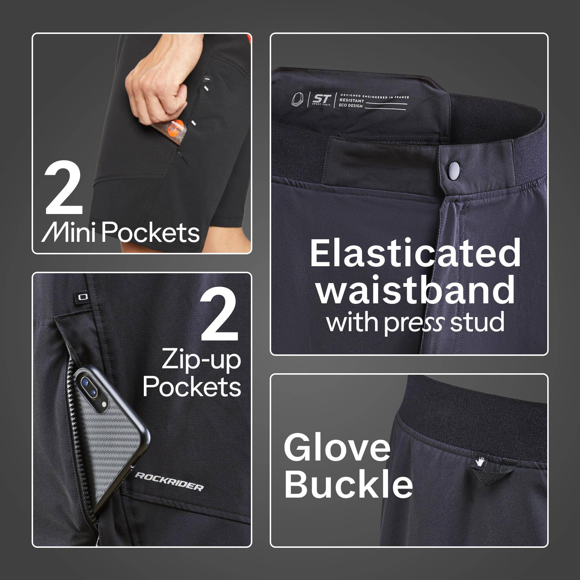 Men Cycling Padded Shorts Zip Pockets EXPL500 - Black -  5