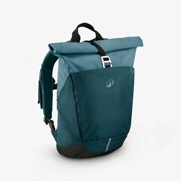 Green roll-top hiking backpack