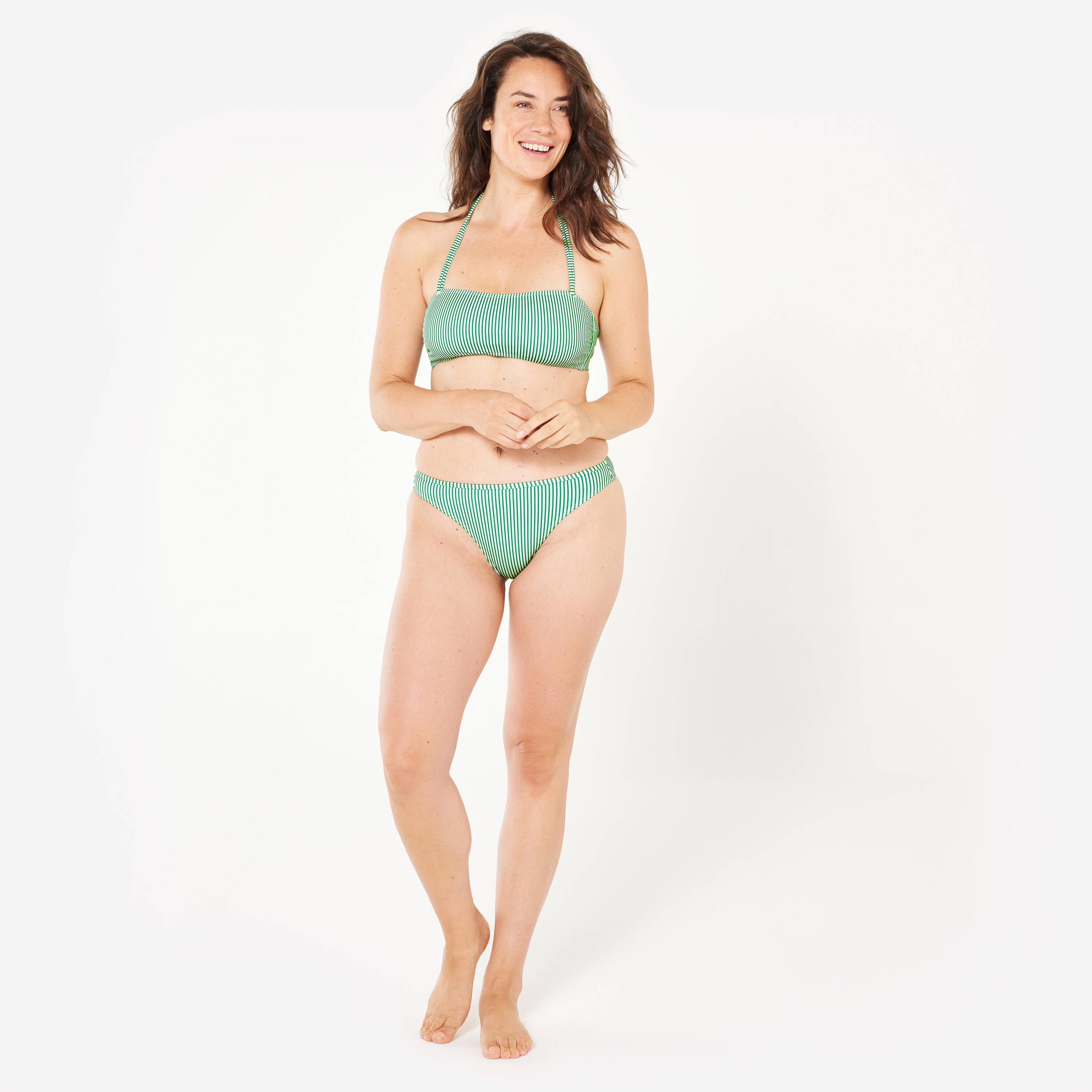 Women’s surfing striped bandeau swimsuit top - Laura green and white -  3