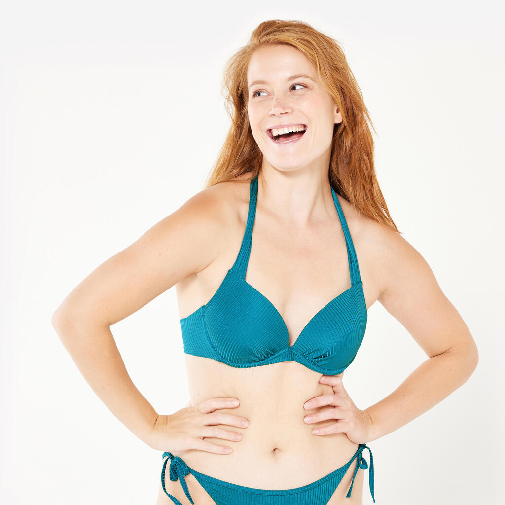 Women’s surfing textured push-up bikini top - Elena folk petrol blue