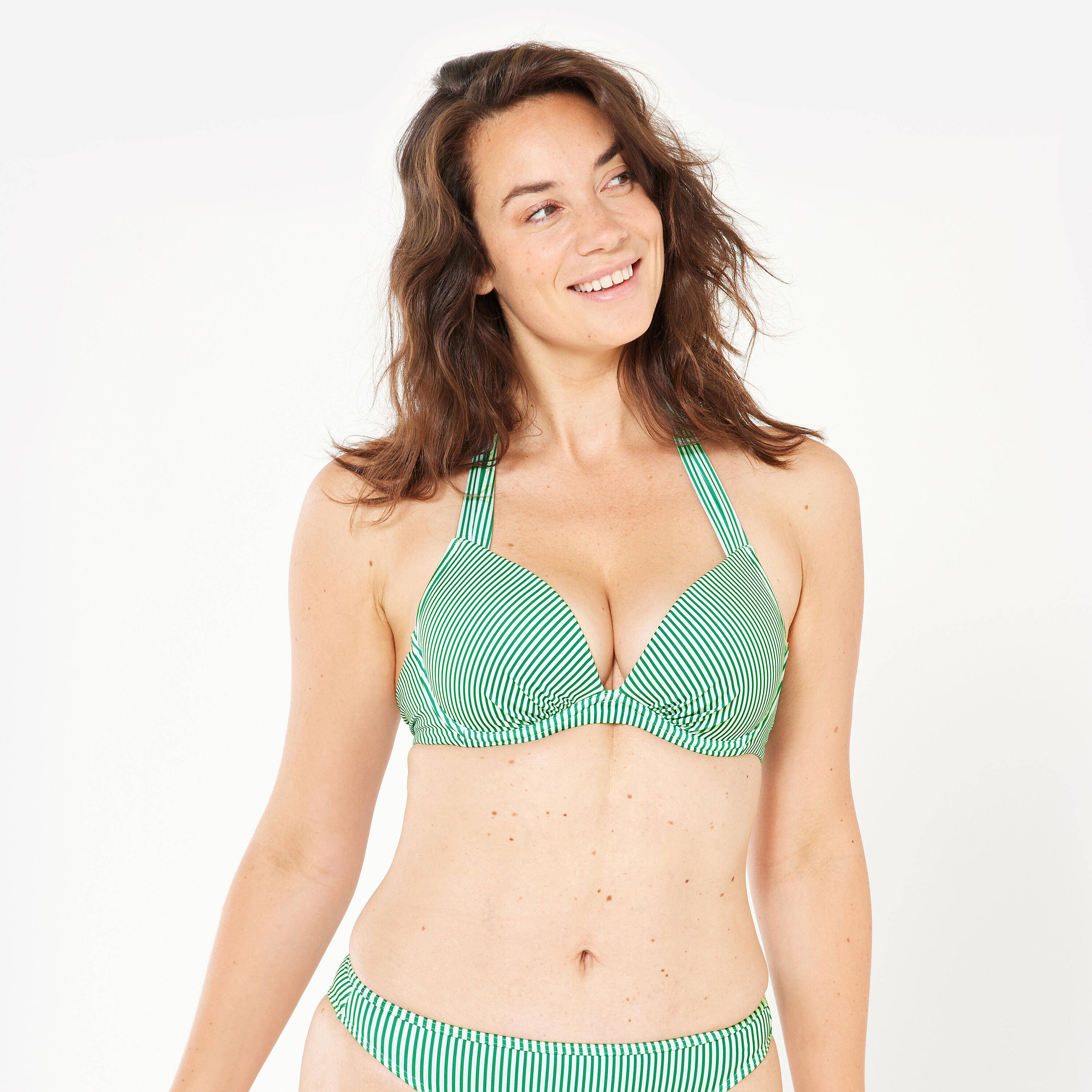 Women’s surfing striped push-up bikini top - Elena green and white -  1