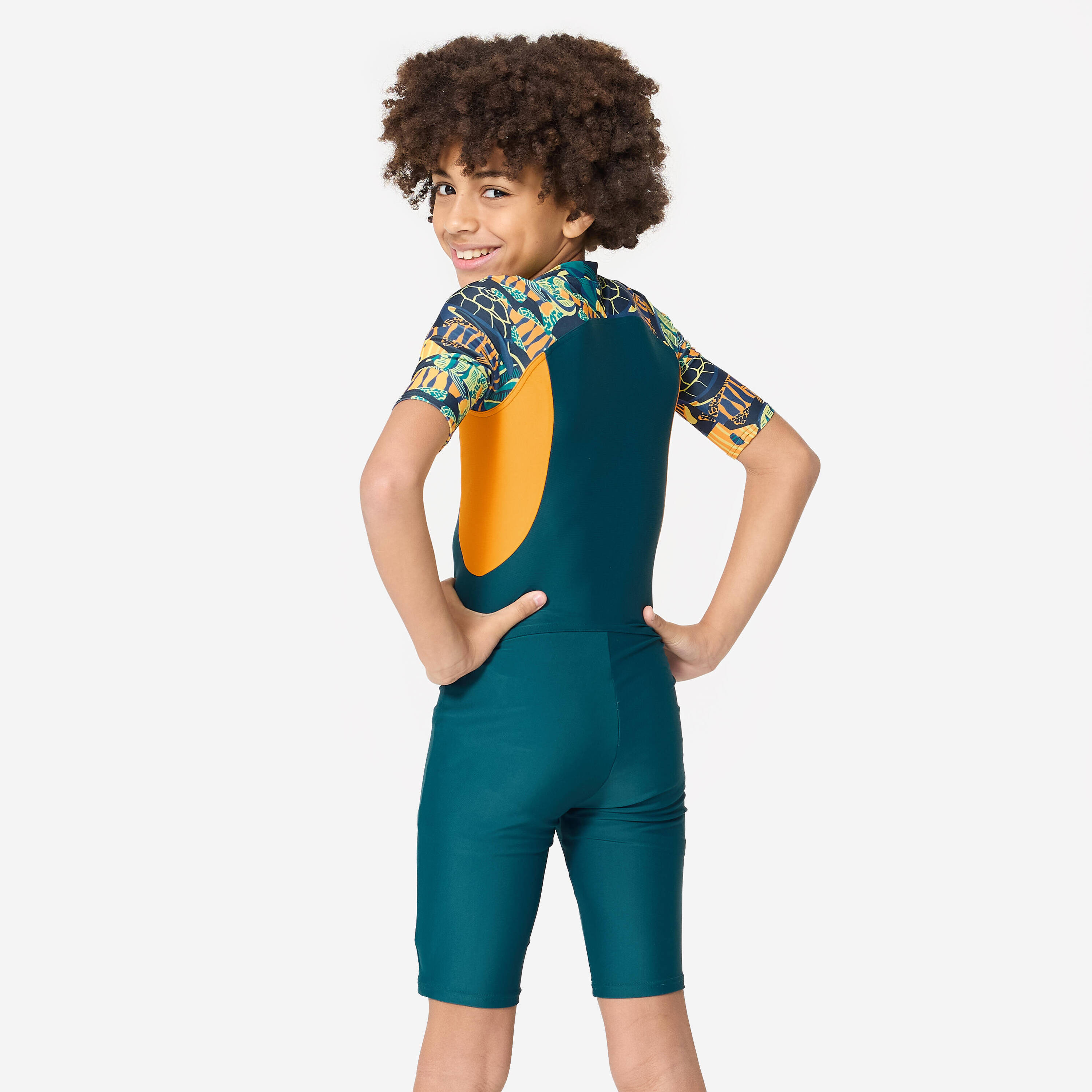 Boys' Short Sleeve Shorty Swimsuit 100 Stretchable & Durable Duck Blue Orange -  3