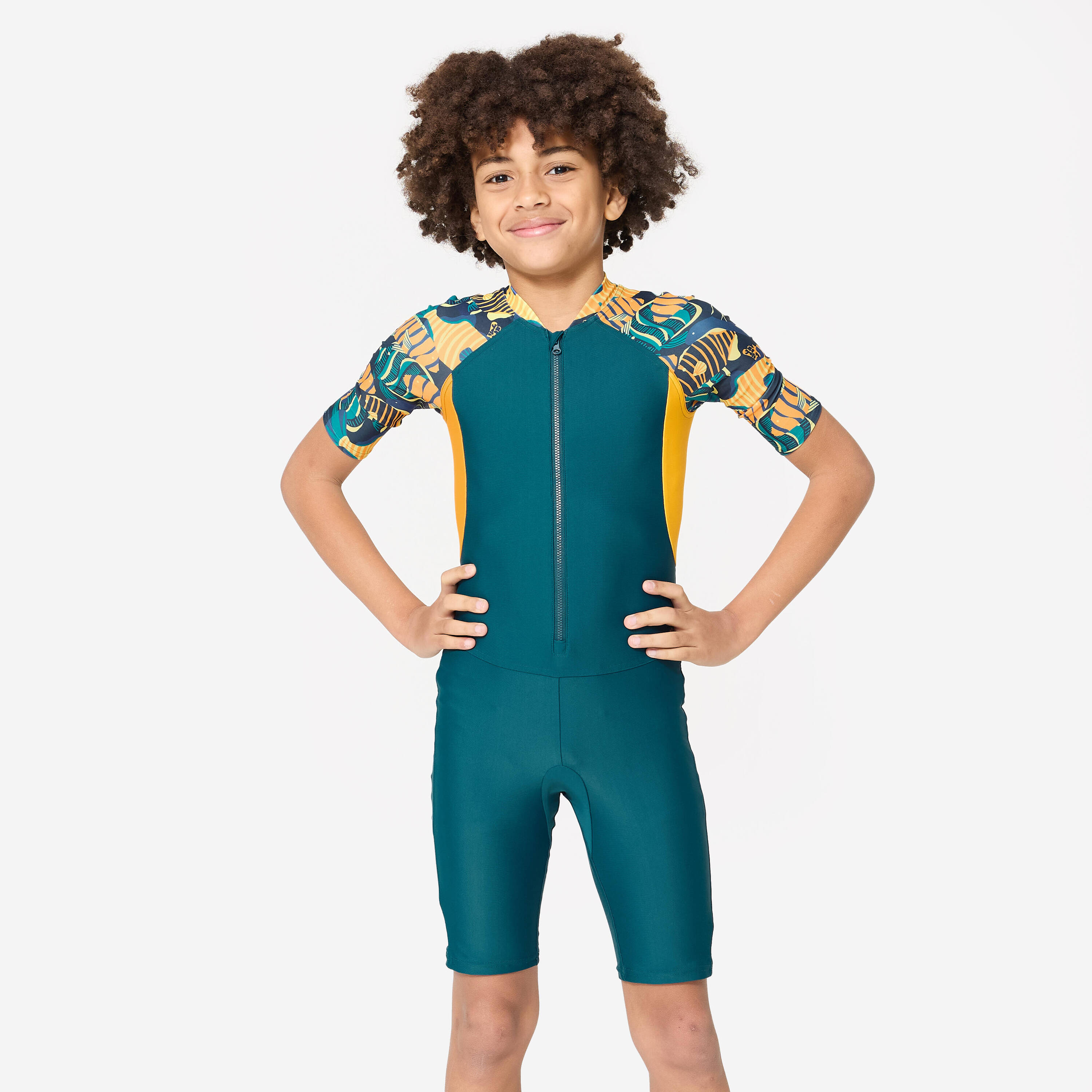 Boys' Short Sleeve Shorty Swimsuit 100 Stretchable & Durable Duck Blue Orange -  1