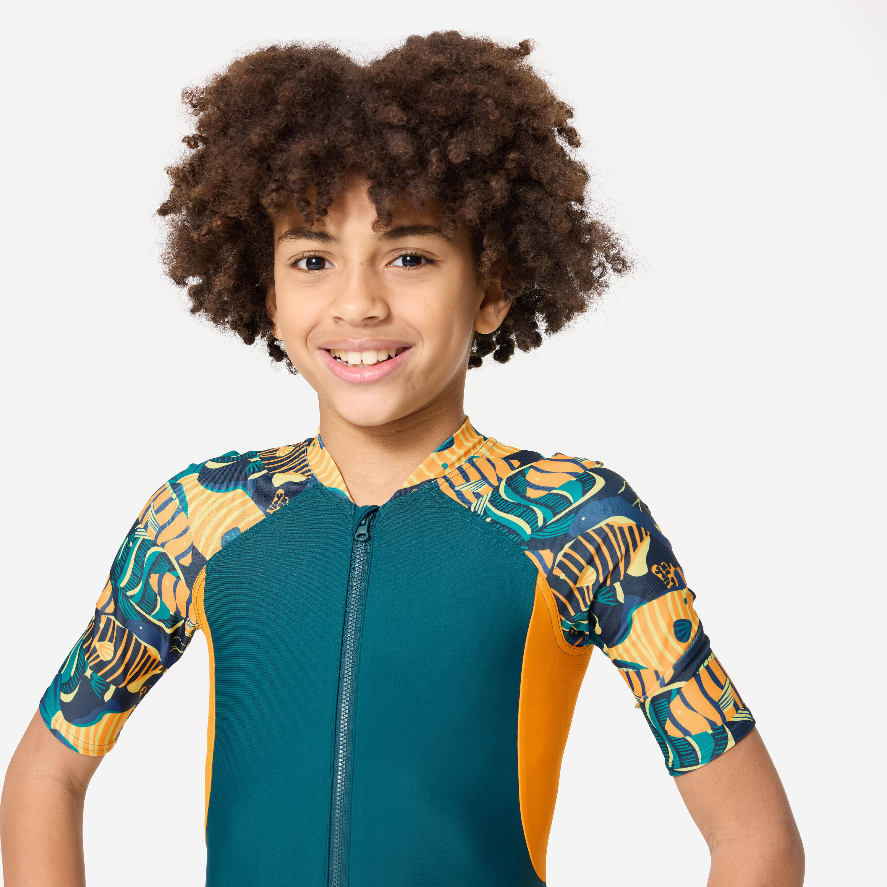 Boys' Short Sleeve Shorty Swimsuit 100 Stretchable & Durable Duck Blue Orange -  4