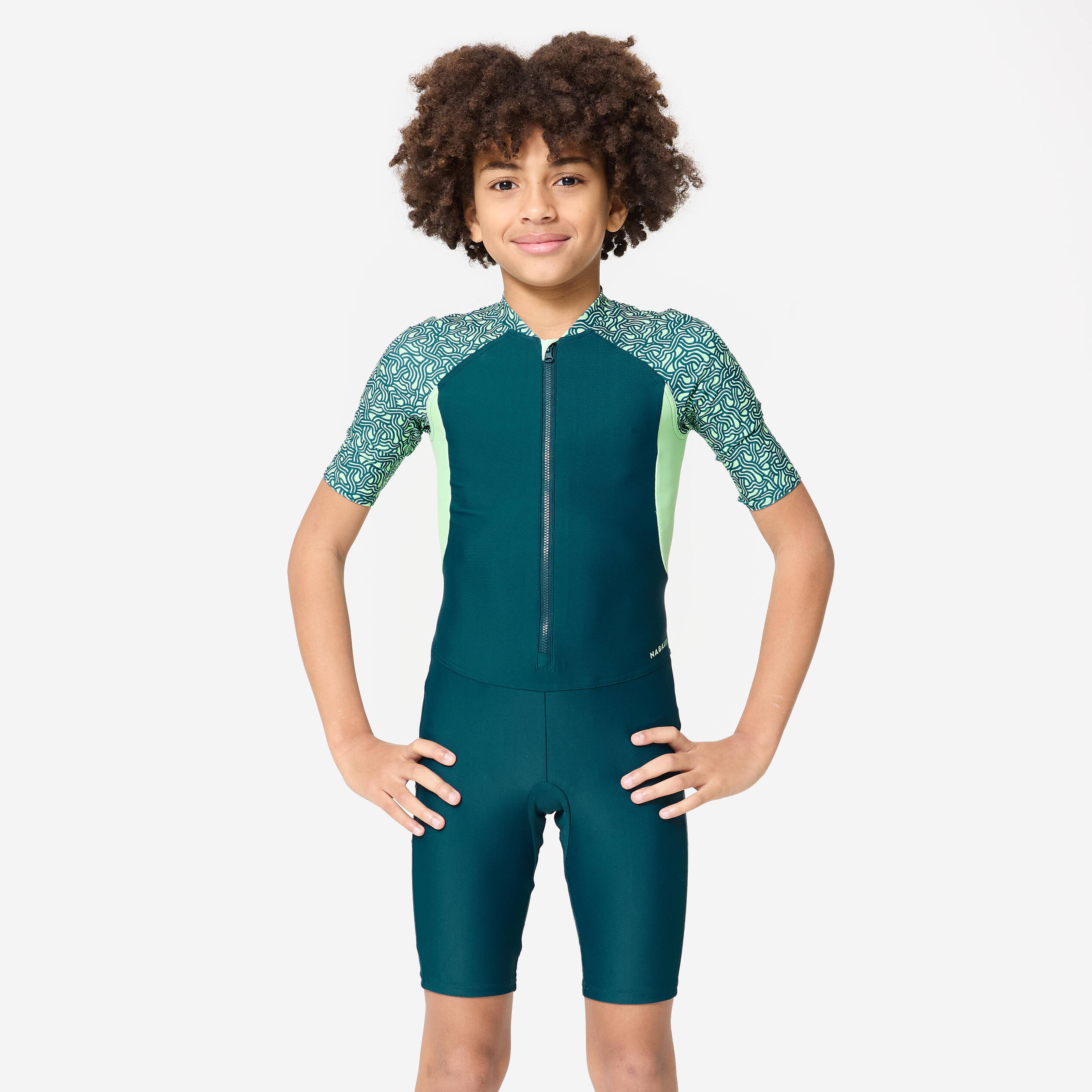 Boys' Short Sleeve Shorty Swimsuit 100 Secure Fit & Quick-Dry Duck Blue Green