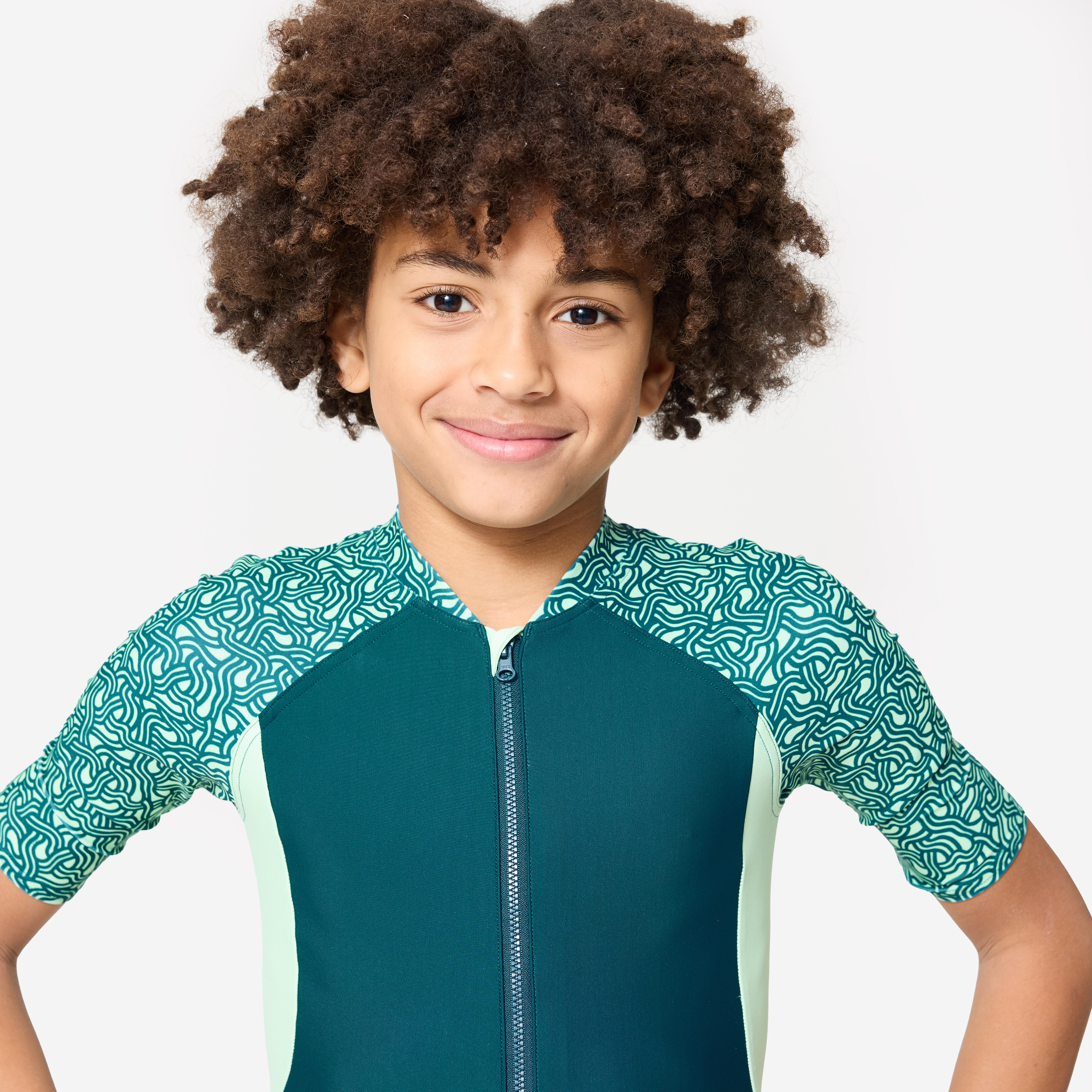 Boys' Short Sleeve Shorty Swimsuit 100 Secure Fit & Quick-Dry Duck Blue Green