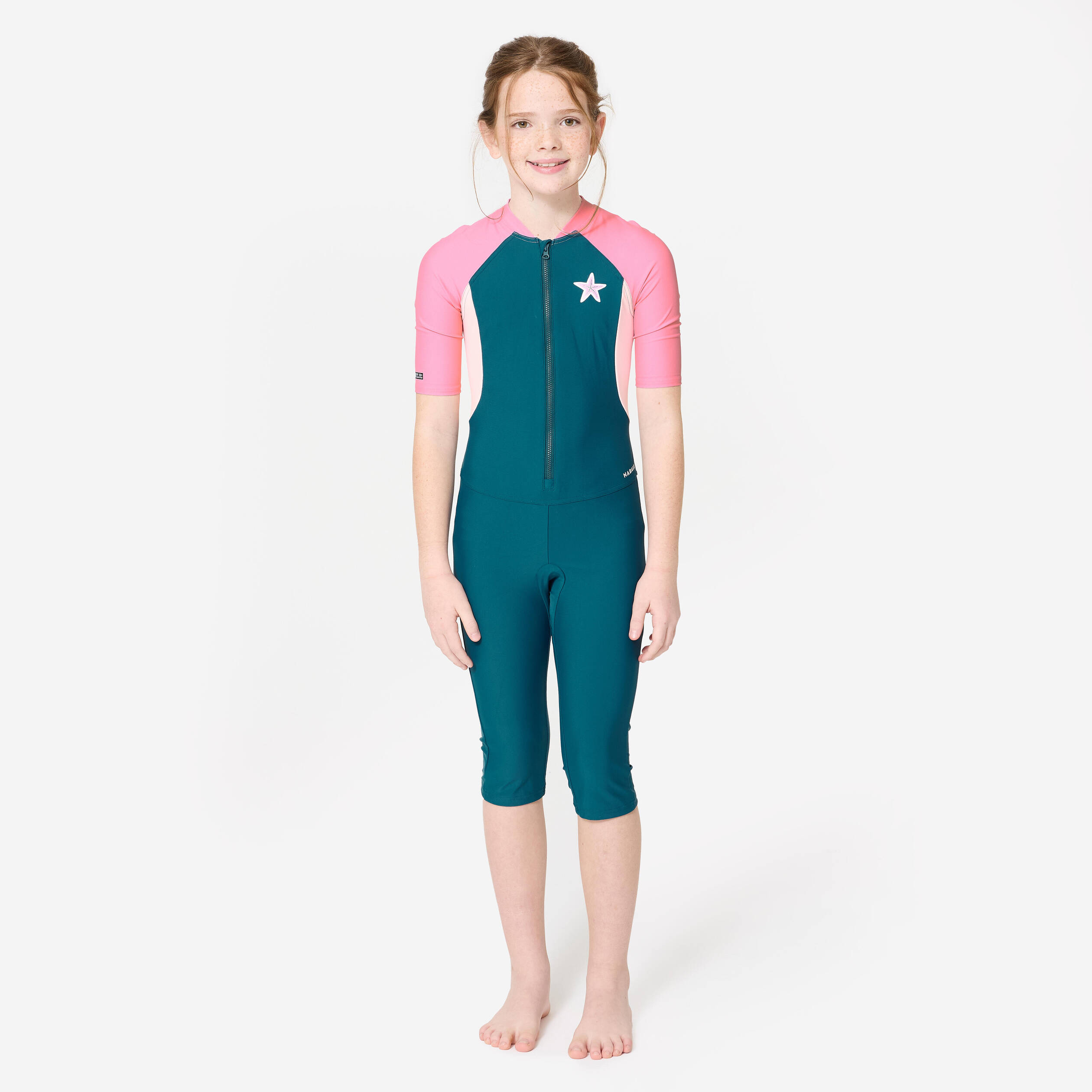 Girls' Shorty Swimsuit 100 Starfish Quick-Dry & Comfortable Navy Blue Pink