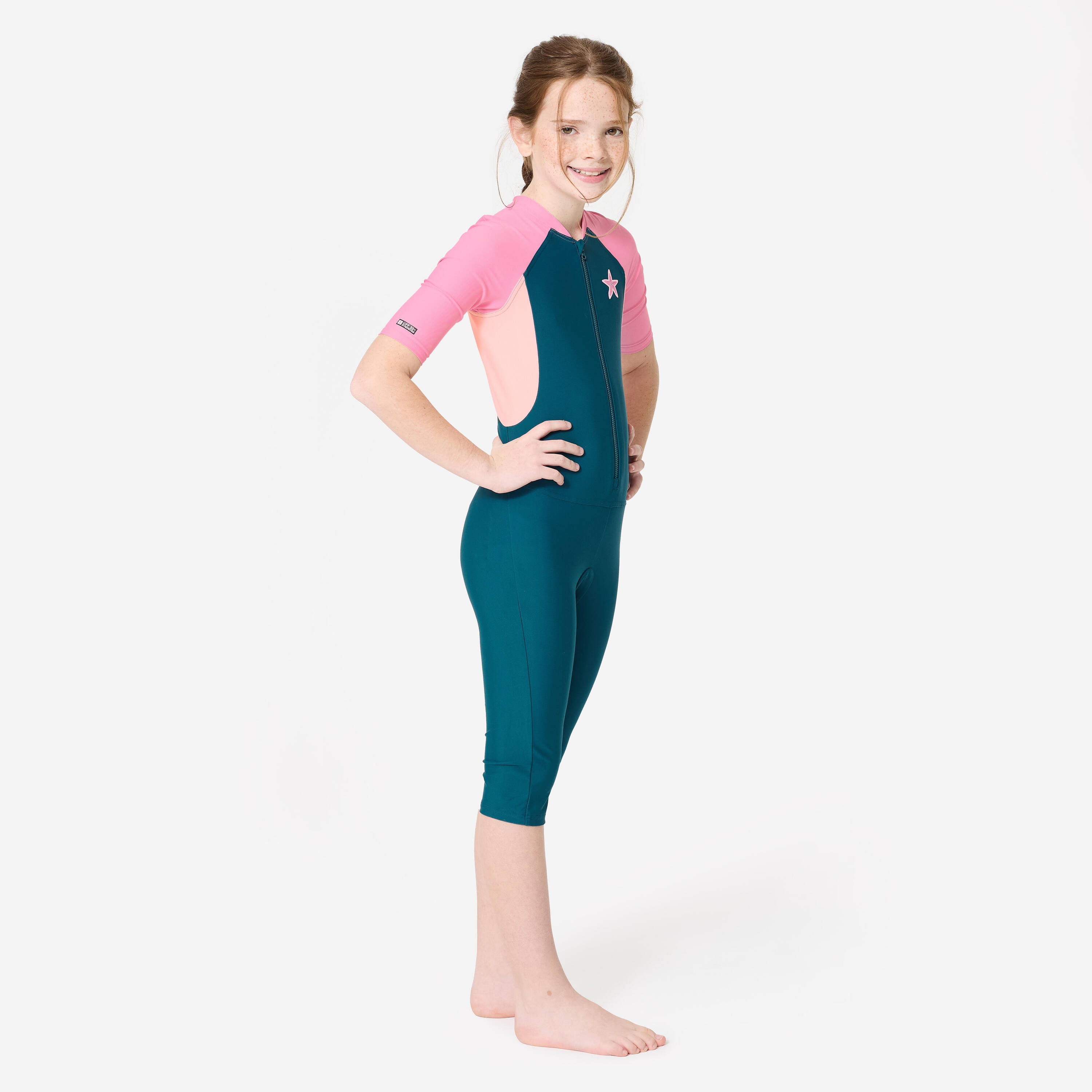 Girls' Shorty Swimsuit 100 Starfish Quick-Dry & Comfortable Navy Blue Pink -  2
